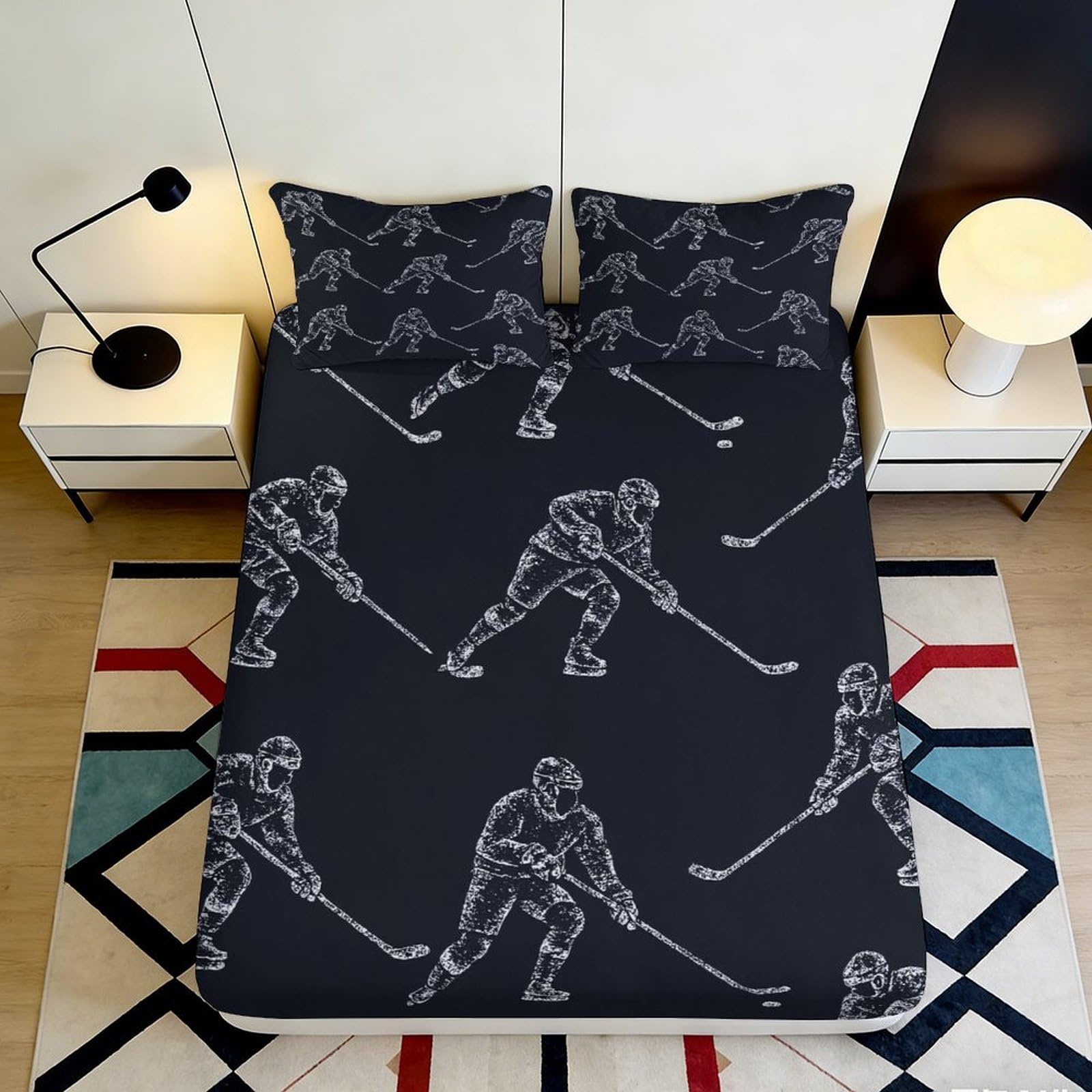 3D Printed Hockey Player Fitted Sheet Microfiber Black Bed Cover for Bedroom Dorm Mattress Protection Decor 90x200x25cm