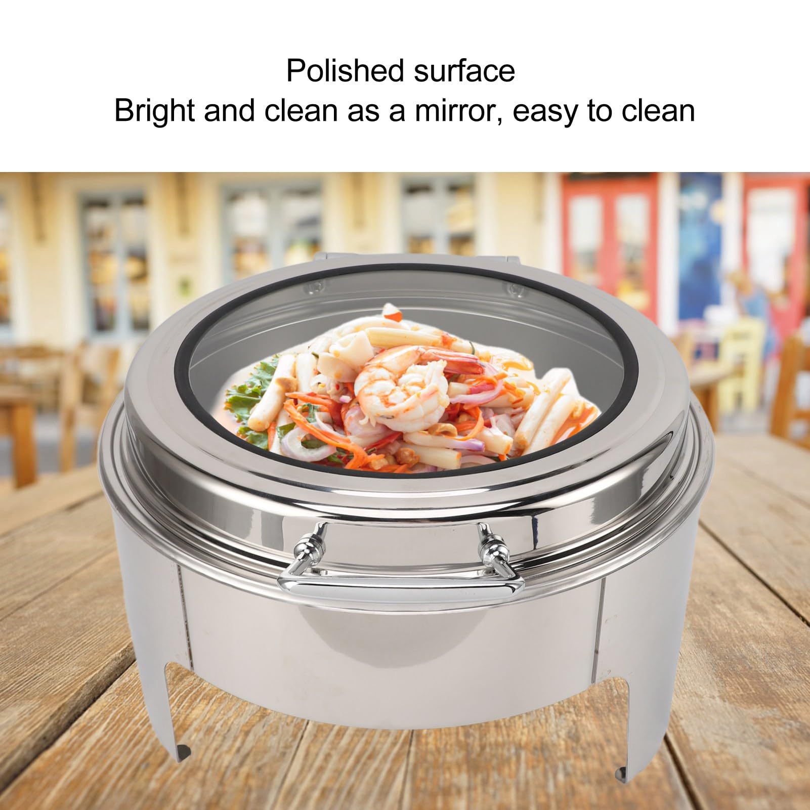 SIXRUN Plato Redondo de Acero Inoxidable de 6 Litros, Servidor de Buffet con Tapa de Vidrio Visible, Tapa Abatible de 90°, Calentador de Alcohol, Sartén Profunda, Acabado Espejo para Catering, (1