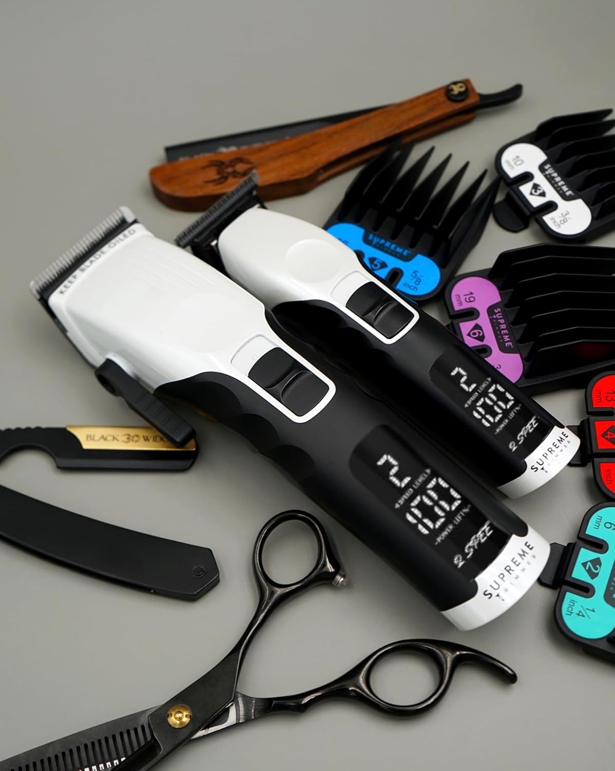 Supreme Trimmer 2-in-1 2Spee Beard Trimmer & Hair Clipper Combo | Removable Blades, 2 Speeds, LCD Display | Cordless Professional Barber Tools - Easy Color Coded Clipper Guide Combs | STB280 (White)