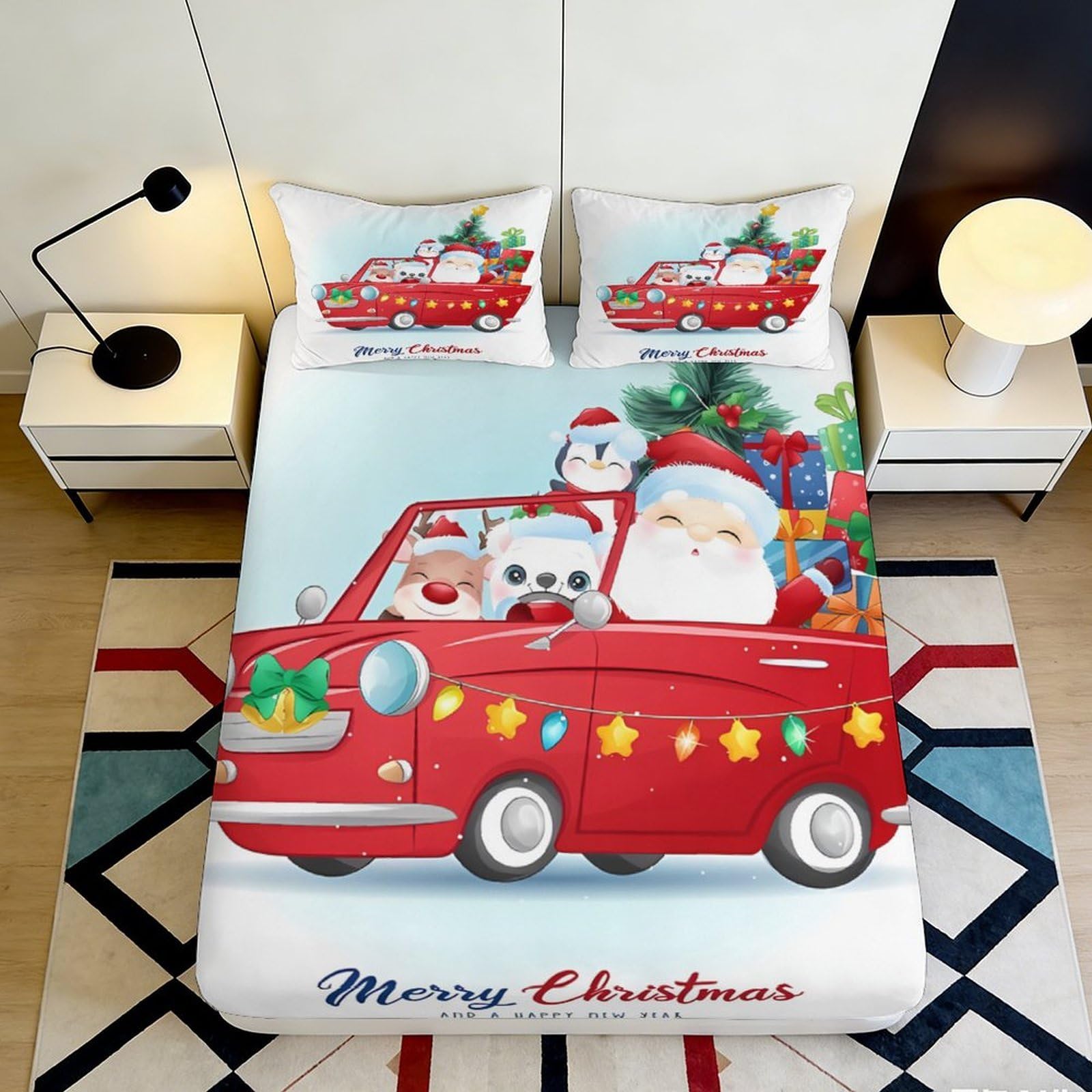 3D Printed Christmas Santa Car Fitted Sheet Microfiber Festive Bed Cover for Bedroom Guest Room Decor 90x200x25cm
