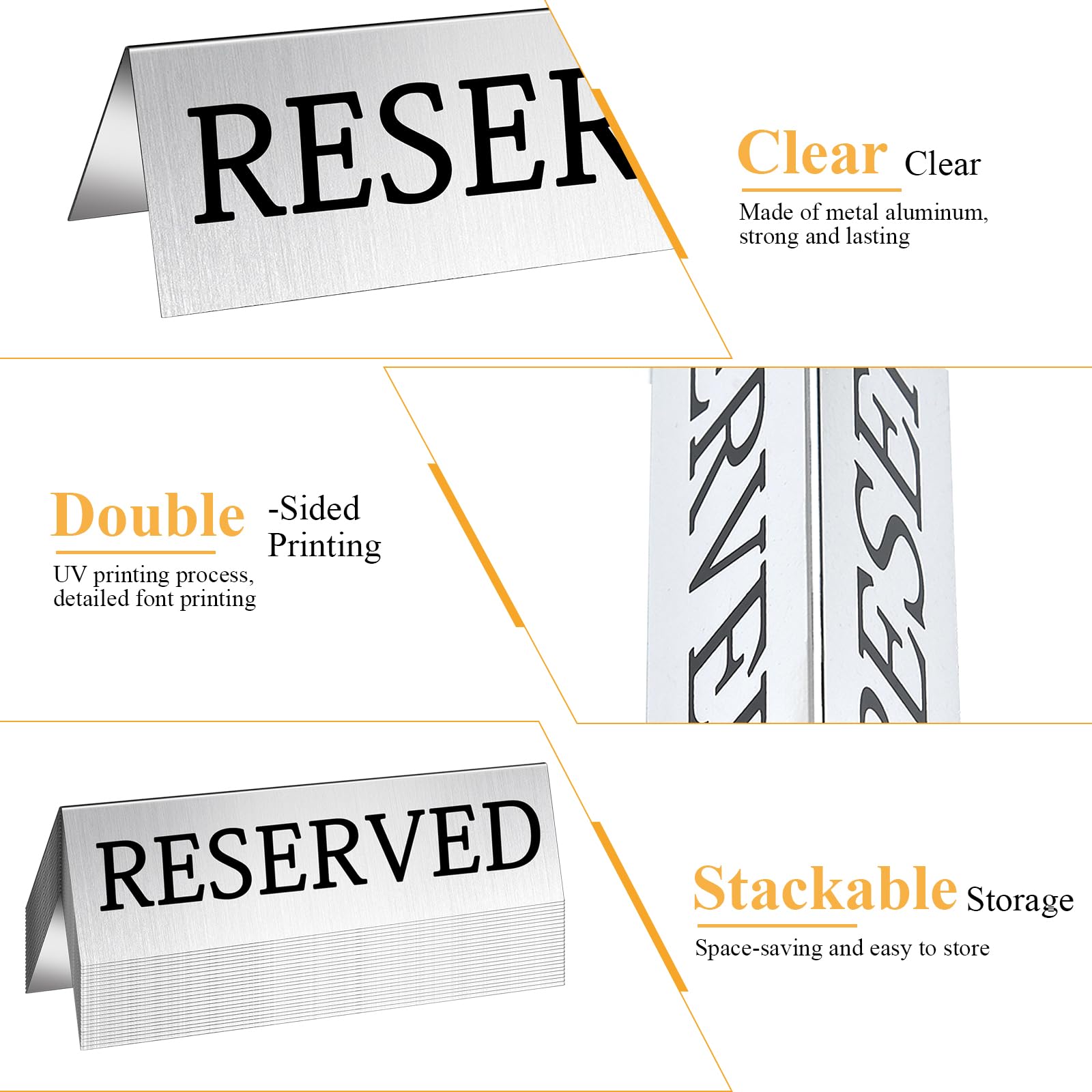24 letreros de mesa de metal reservados, letrero plateado para restaurantes, tienda de campaña de doble cara, letrero de asiento de mesa de reserva de invitados para bodas, fiestas, ceremonias