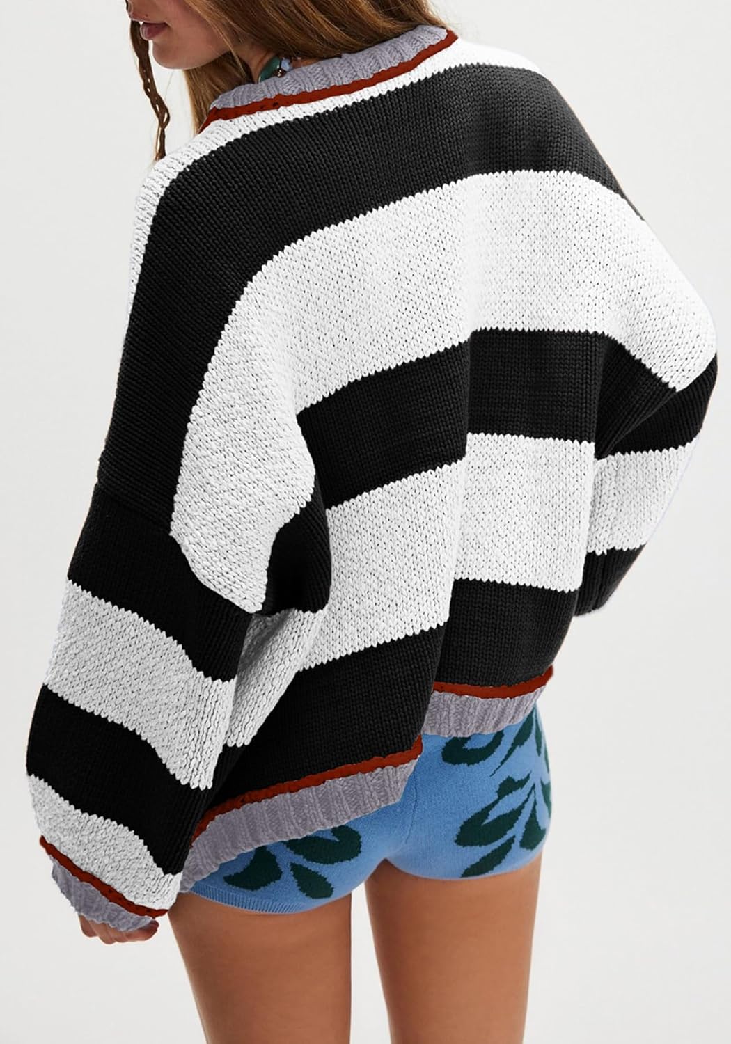 SHINFY Fall Womens Striped Sweaters Y2K Color Block Long Sleeve Knitted Oversized Crew Neck Pullover Sweater - Image 4