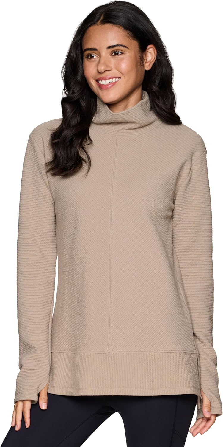 RBX Active Women’s Ultra Soft Quilted Cowl Neck Pullover Sweater, Lightweight Mock Neck Tunic Sweatshirt with Thumbholes