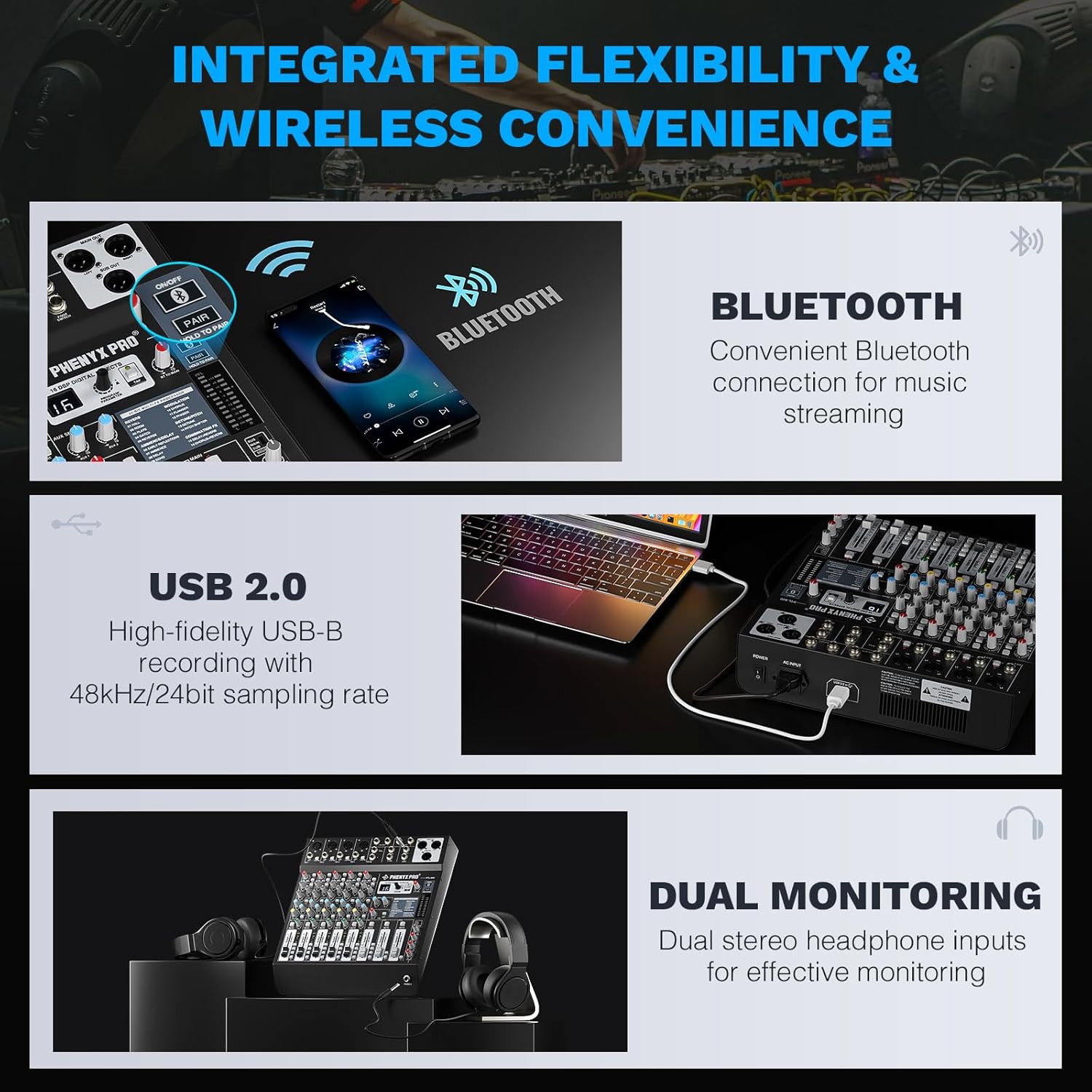 Image of the Phenyx Pro PTL-600 mixer showing Bluetooth connectivity, USB 2.0 recording, and dual monitoring features