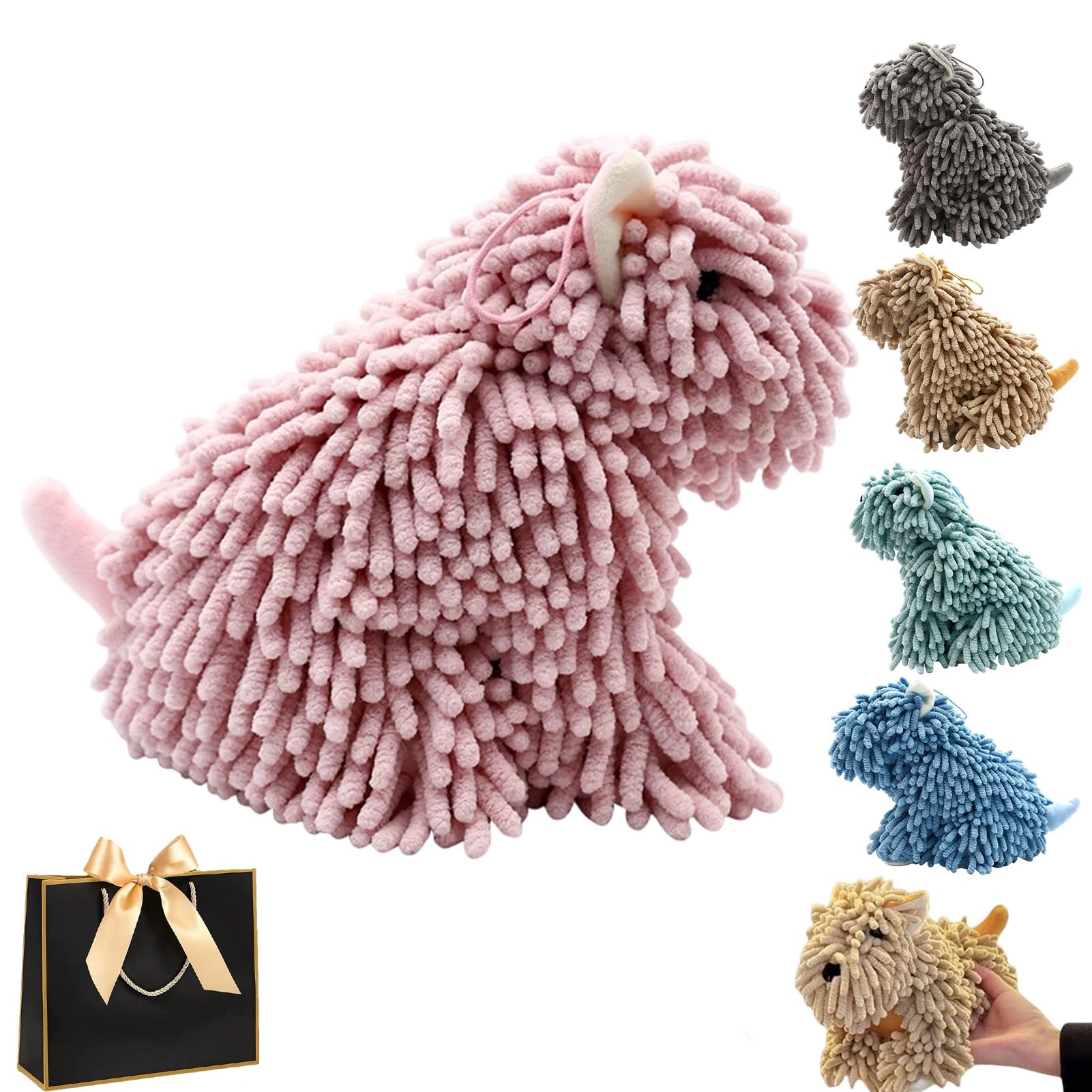 fjaldjfu Puppy Shaped Chenille Hand Towel, Cute & Functional Soft Puppy-Themed Dog Shaped Hand Towel, Fluffy Absorbent Decorative Fuzzy Ball Hanging Towels for Bathroom, Washstand (pink)