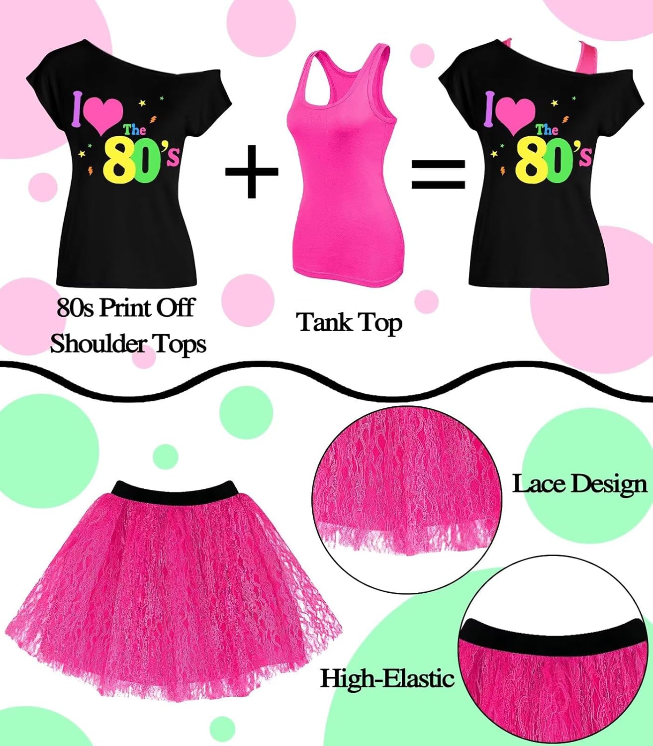 80s Outfit Women Costume Accessories Set, T-Shirt Tank Top Leggings Tutu Skirt Fanny Pack for Halloween, 80s Neon Party - Image 3