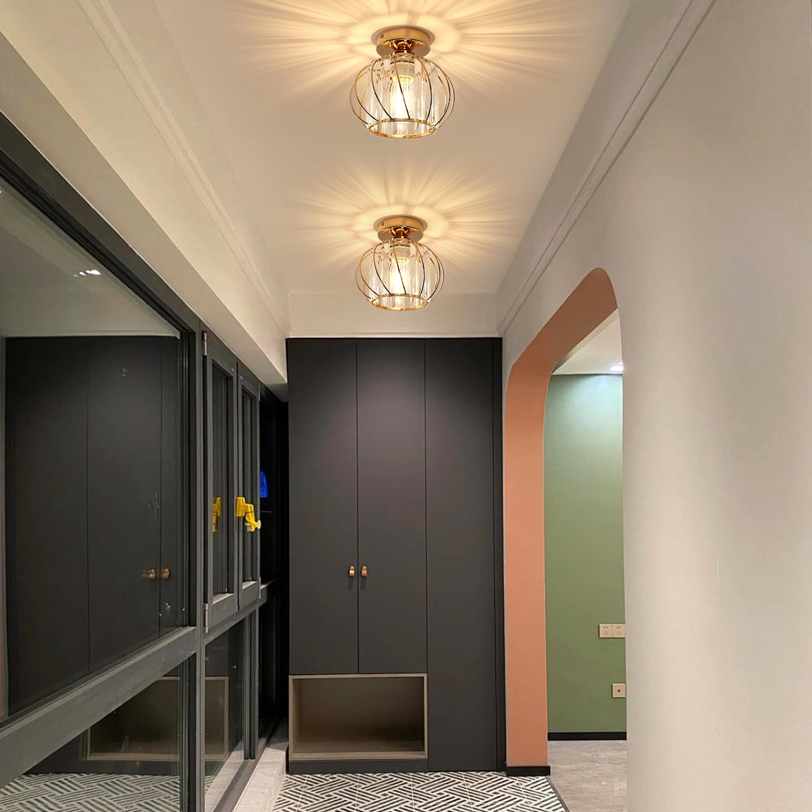 Lámpara de Techo de Cristal Dorado 2 Pack | Plafones Modernos con Enchufe E27, Lámpara de techo Metal para Salón, Dormitorio, Pasillo