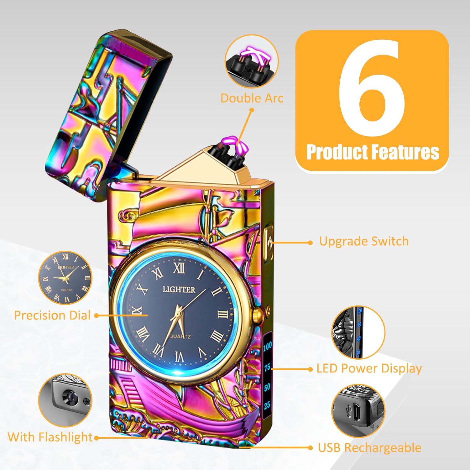 Electric Lighter with Plasma Arc, Windproof USB Rechargeable Lighter with Cool Design, Clock Dial, Flashlight, Power Display for Outdoor Daily Use, Gift for Men Women (Sailboat, Multicolor)