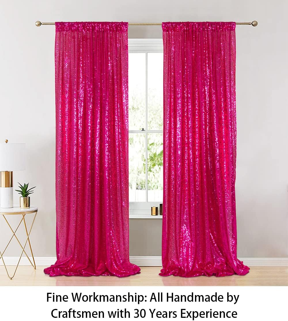 ShinyBeauty Sequin Curtains 2 Panels Fuchsia 2FTx8FT Sequin Photo Backdrop Hot Pink Sequin Backdrop Curtain Pack of 2 Wedding Fabric Backdrop Party Photographic Studio Photo Backgrounds