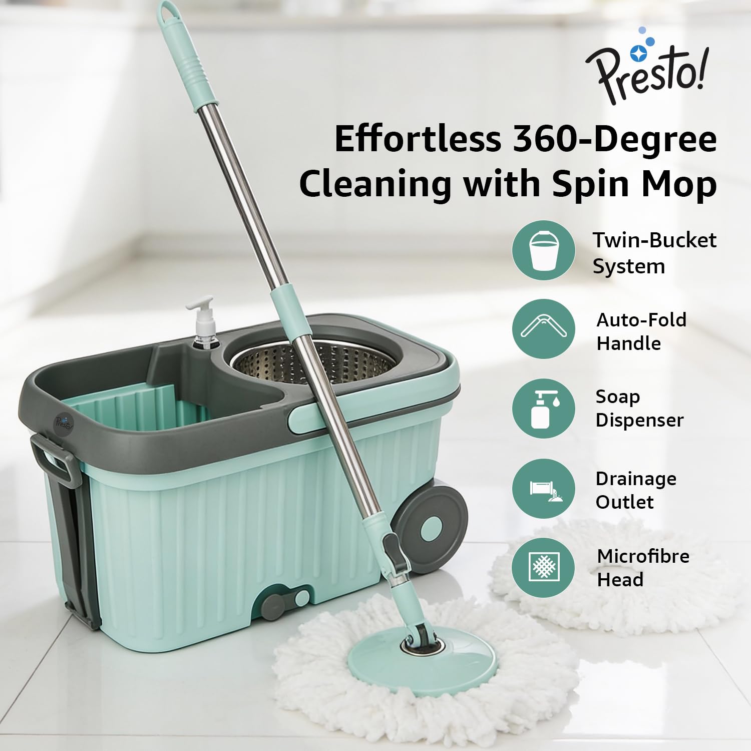 Amazon Brand - Presto! Elite Spin Mop with Steel Wringer and Auto-fold Handle, Green, 2 Refills