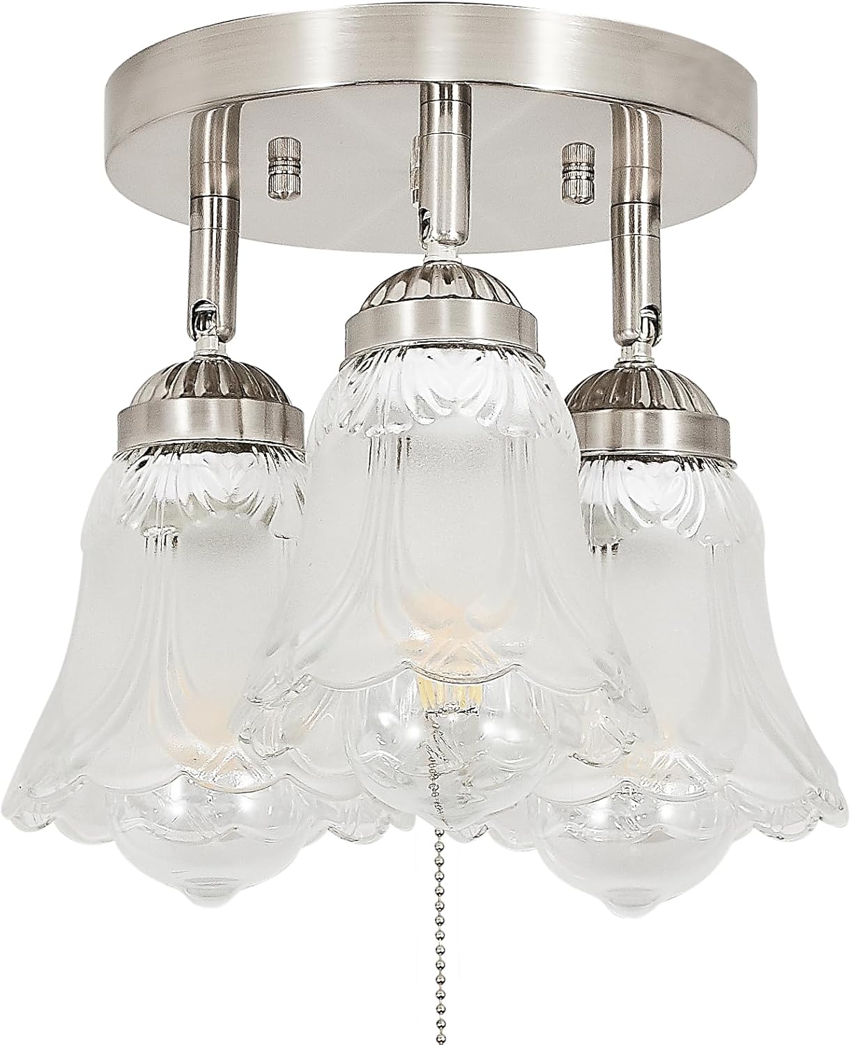 3-Light Flush Mount Ceiling Light with Pull Chain Clear and Frosted Glass Low Profile Lighting Fixtures for Kitchen Living Room Dining Room Closet (Brushed Nickel)