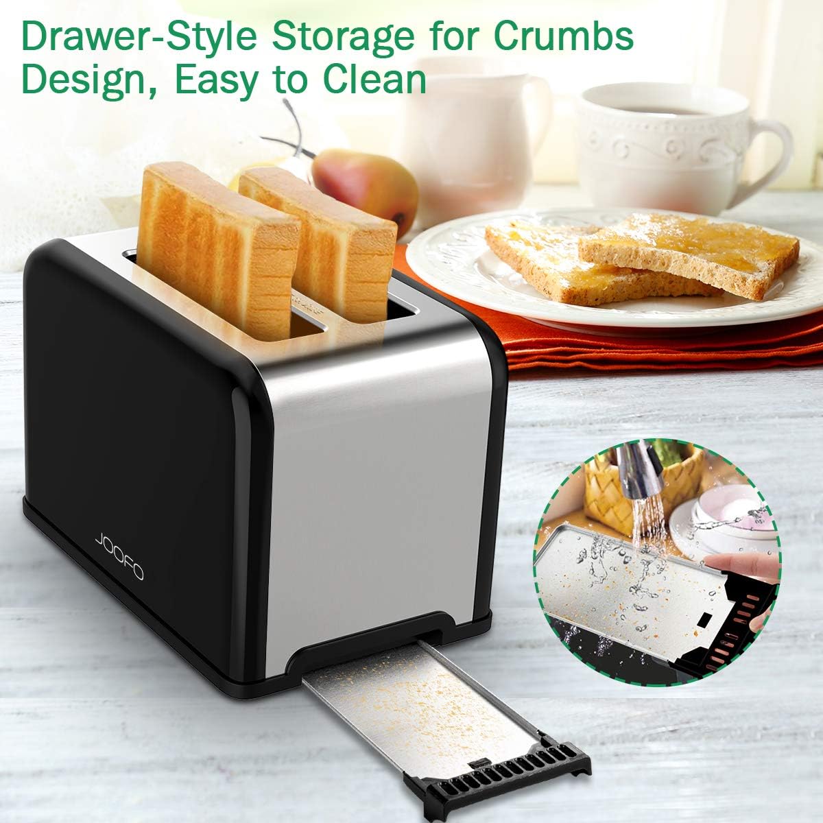 JOOFO 2 Slice Stainless Steel toaster,6 Shade Settings Extra-Wide Slot Toaster with Bagel, Cancel, Defrost,Reheat Function Removable Crumb Tray (2 Slice, Black)