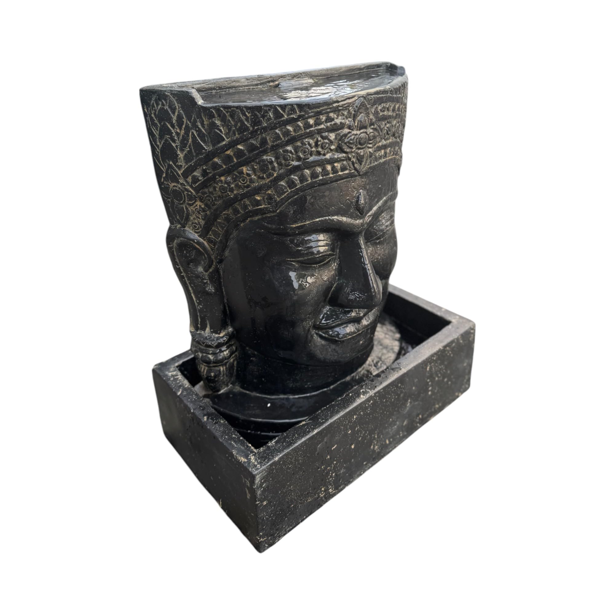 Khmer Kopf Springbrunnen - Buddha Wasserfall Steinguss Wasserspiel (HxBxT: 57x48,5x28cm) - Entspannende Gartendekoration im Asiatischen Stil