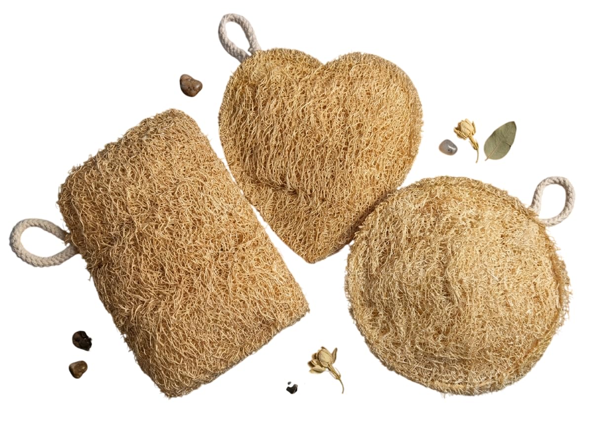 Natural Organic Sun Dried Bath Loofah Body Scrubber Pack of 3 | Gentle Exfoliating, Removes Dead Skin, Plant-Based & Biodegradable, For Men & Women, 3 Shapes Included-picture-25