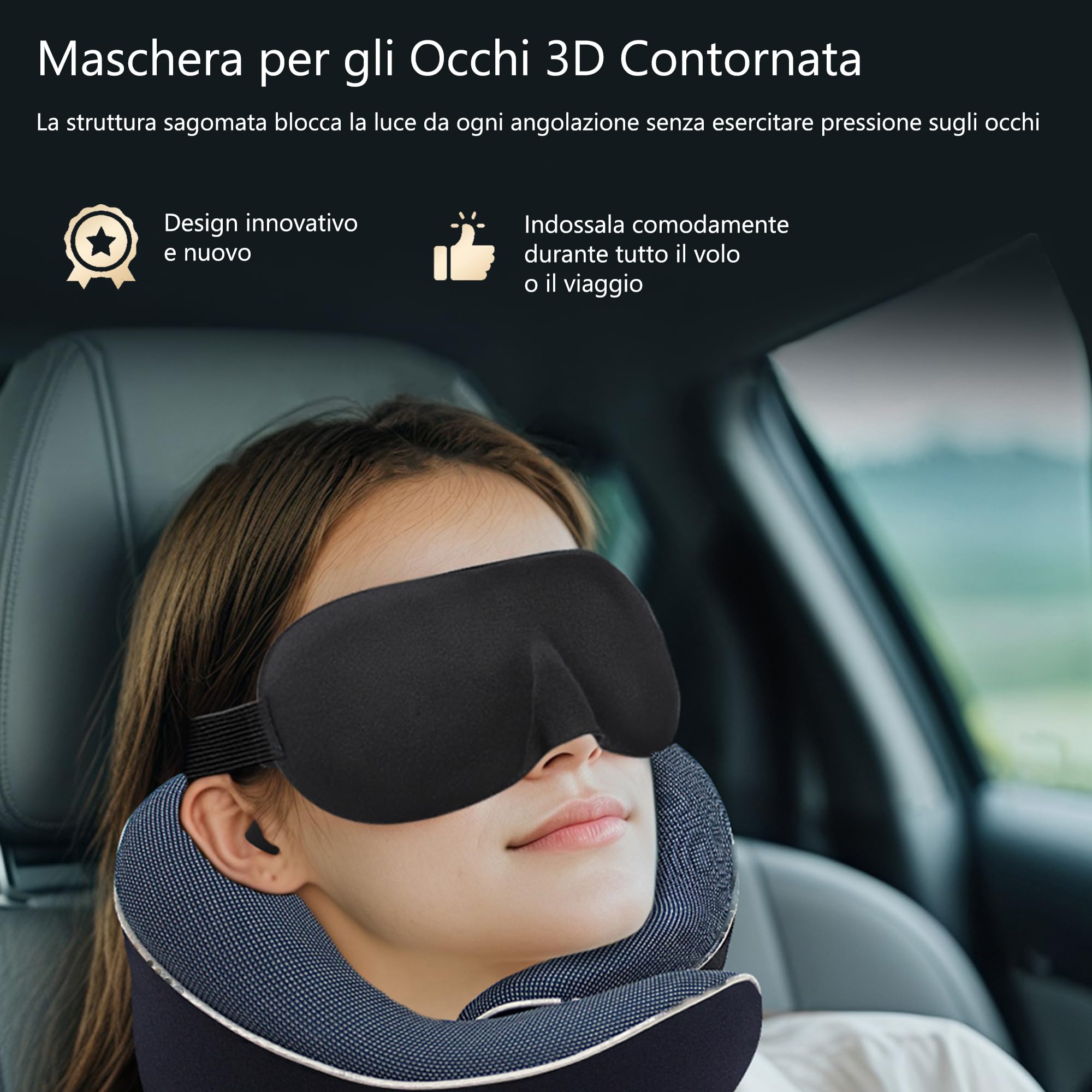 Proglobe Cuscino cervicale ortopedico da viaggio per aerei, kit in memory foam, materiale di riposo aggiornato, set da viaggio in aereo con maschere per gli occhi sagomate 3D e borsa, blu