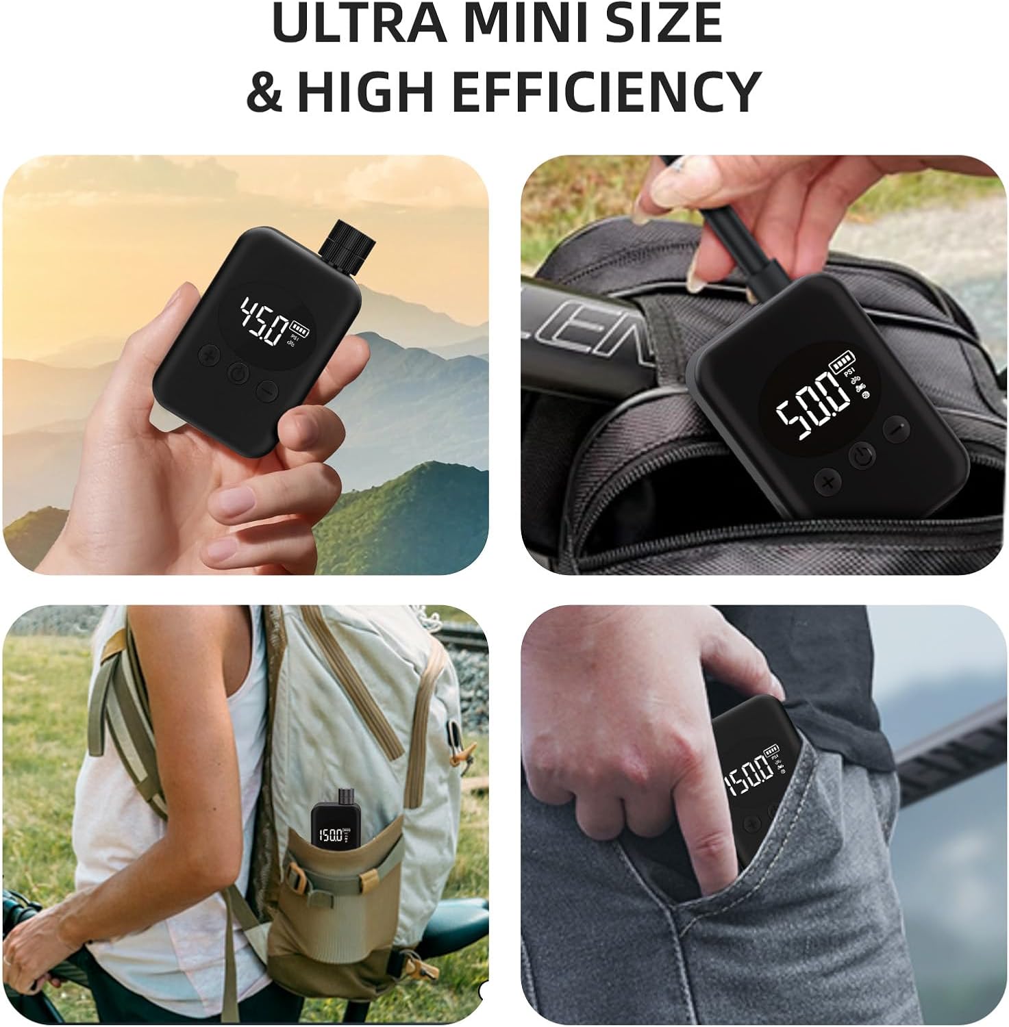 Mini Bike Pump Electric Portable Bike Air Pump with Gauge, Max 150 PSI Bike Tire Pump with Presta and Schrader Valve, Auto Stop for Road Bike, Motorcycle, Mountain Bike - Image 6