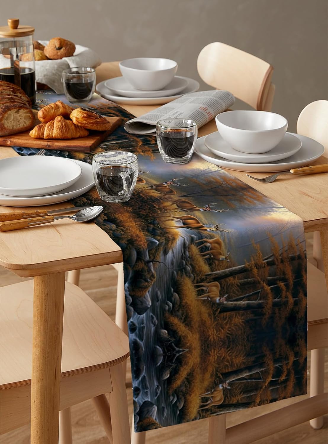 Table Runners 120 inches Long, Deers Stream in Forest Painting Table Runner Farmhouse Dresser Scarves,Decortaive Table Runner Cover for Dining Coffee Table Holiday Party Wedding