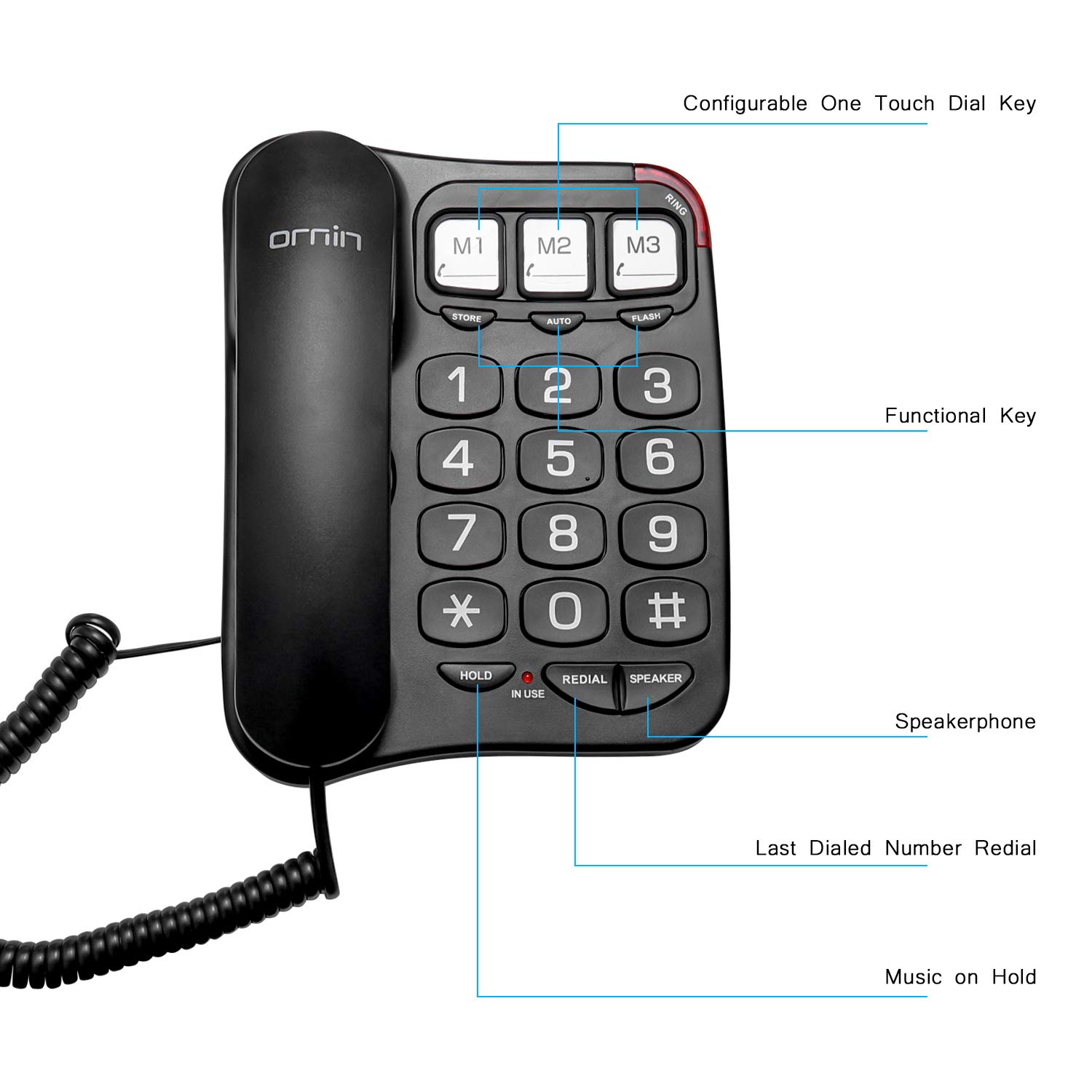 Ornin S016 Big Button Schnurgebundenes Telefon mit Lautsprecher, Hörgerät kompatibel für Senioren (Schwarz)