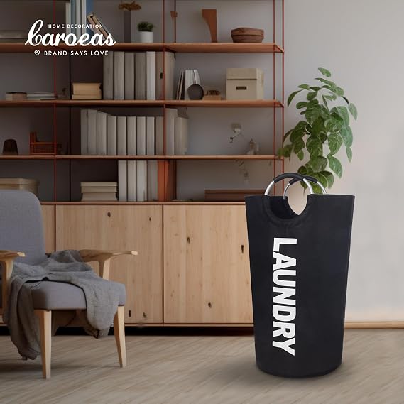 Caroeas 90L Collapsible Laundry Basket, Waterproof Laundry Bag (8 Colors) for Baby, Large Washing Basket with Padded Handles Stands Up Well for Easy Storage, Black