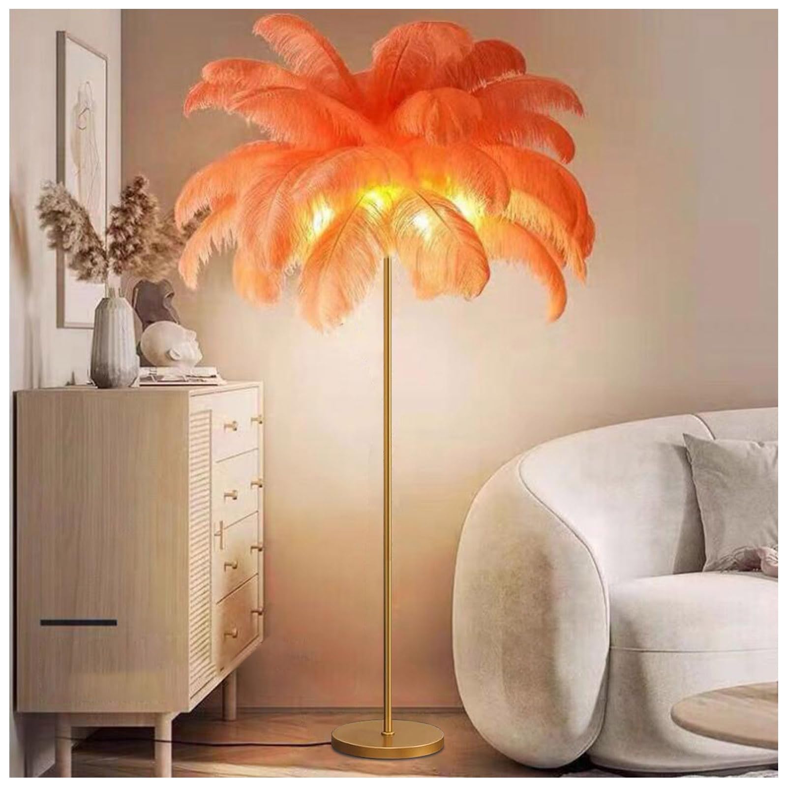 ANram Floor lamp with G4-LED Bulb,Ostrich Feather Lamp with 48 Feathers Lampshade Gold Standing LampSuitable for Living Rooms Girl Bedroom Tall Corner Reading lamp