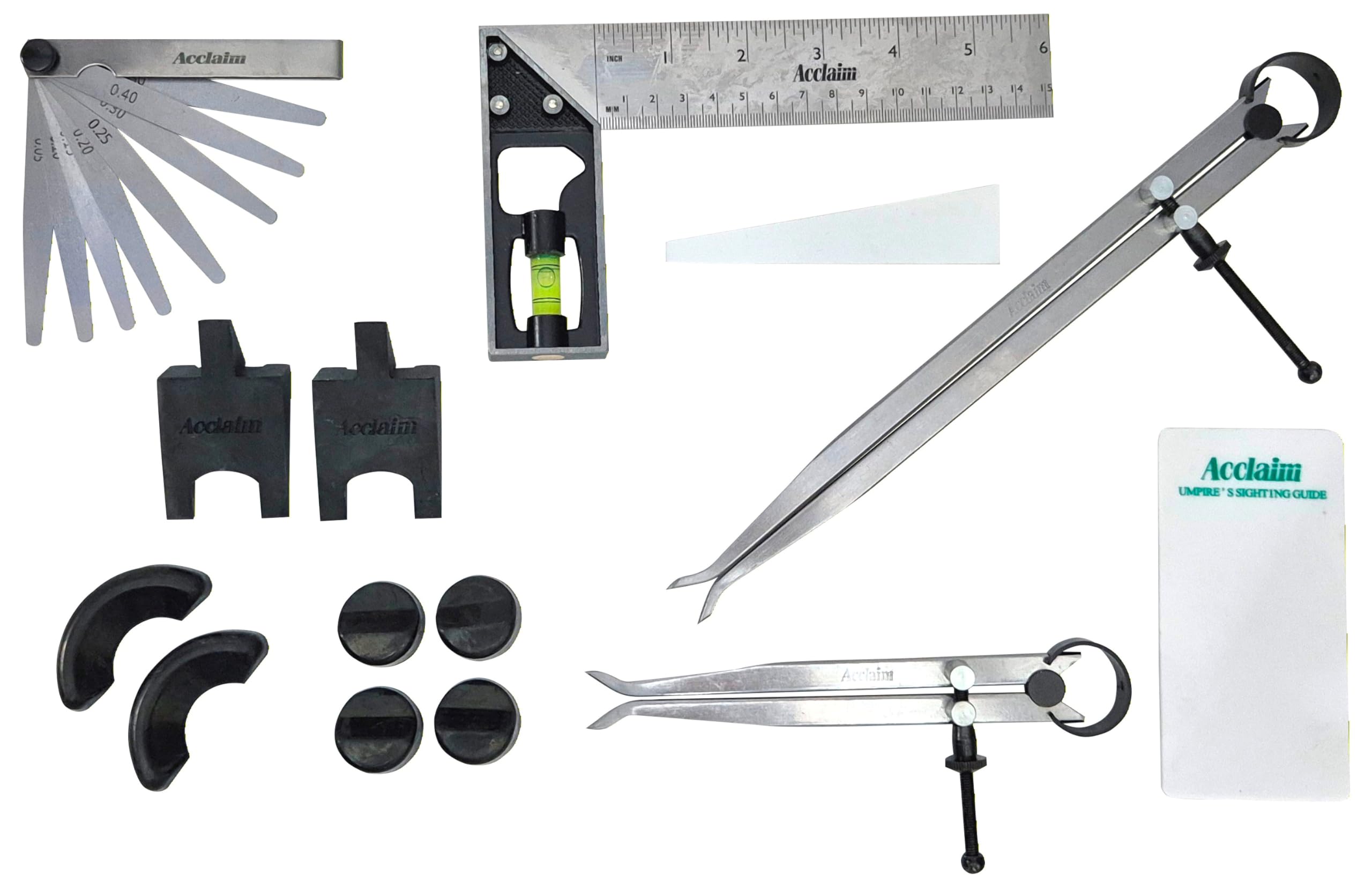 Acclaim Bowling Small Umpire Accessories Kit 6” & 10” Calipers Feeler Gauges 8 Piece Wedges Set 6” Mitre Set Square with Spirit Level Sighting Guide and White Angle