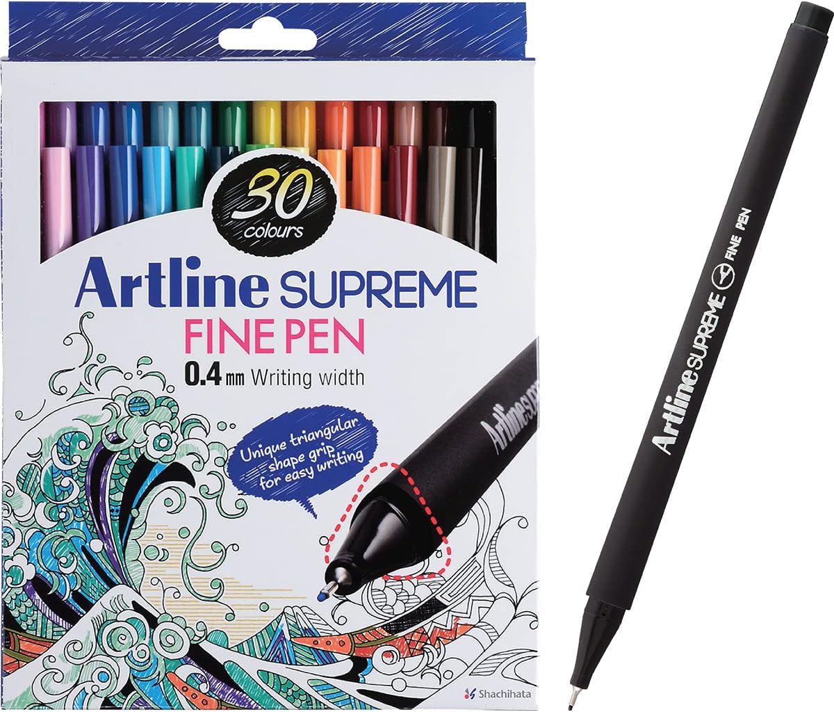 Artline Supreme Fine Pens (Pack of 30 Vivid Colours). 0.4mm Fine Tip, Technical Drawing Pen for Artists, Designers & Illustrators, Water-Based Ink - Genuine Artline Fineliner