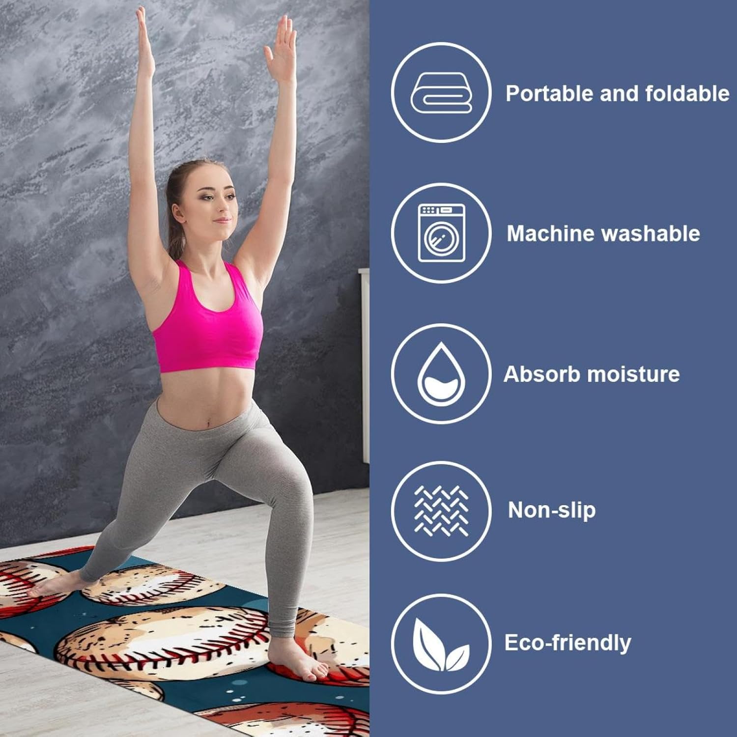 Yoga Towel, Baseball Pattern Non Slip Sweat Absorbent Hot Yoga Mat Towel for Hot Yoga, Pilates and Fitness - 72.8" x 26.8"