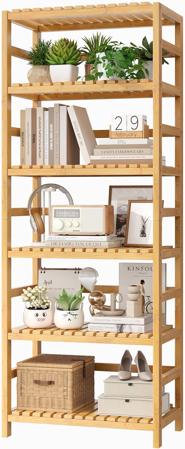 FOTOSOK 6-Tier Bamboo Shelf with Adjustable Shelves - Freestanding Bookcase, Plant Stand for Kitchen, Bathroom, Living Room Storage