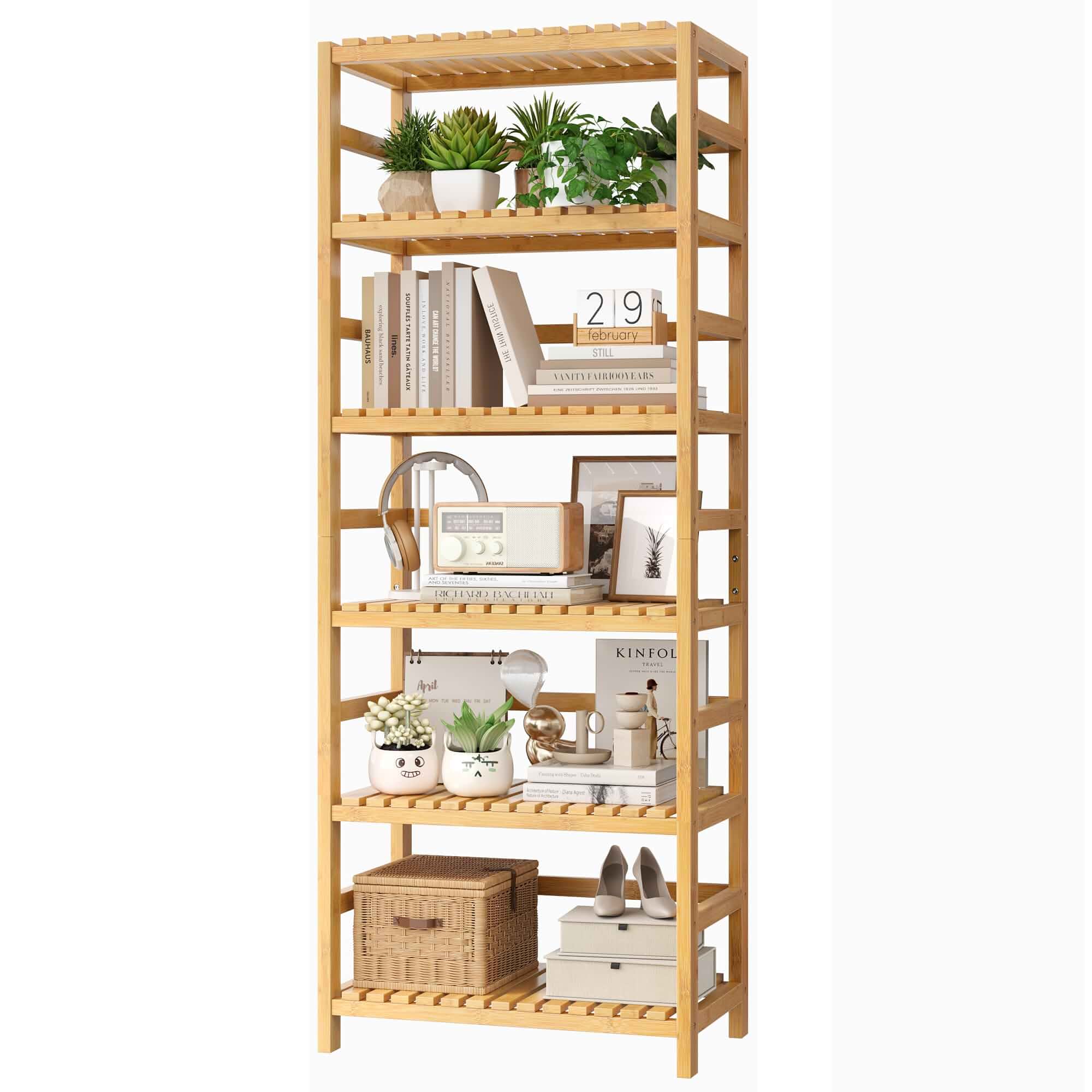 FOTOSOK 6-Tier Bamboo Shelf with Adjustable Shelves, Bamboo Kitchen Cabinet Tall Bamboo Bookshelf and Plant Shelf with 250-lb Shelf Capacity for Laundry Bathroom Kitchen Pantry Home Office