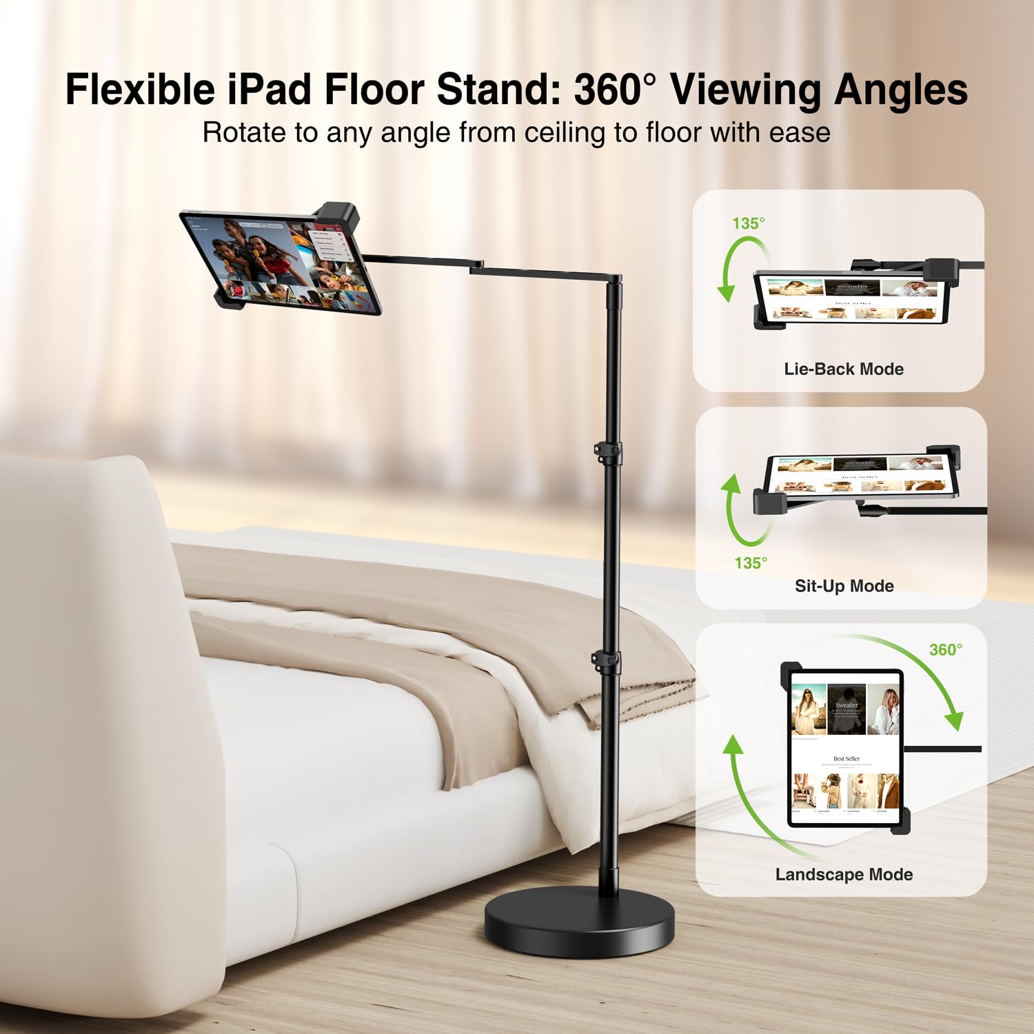 elitehood Diagonal iPad Ständer Höhenverstellbar mit 61cm Langer Arm | Tablet Bodenständer mit 6.3 kg Schwere Basis, Verriegelbare iPad Halterung Bett für iPad Pro Air Mini & 9–13" Tablets
