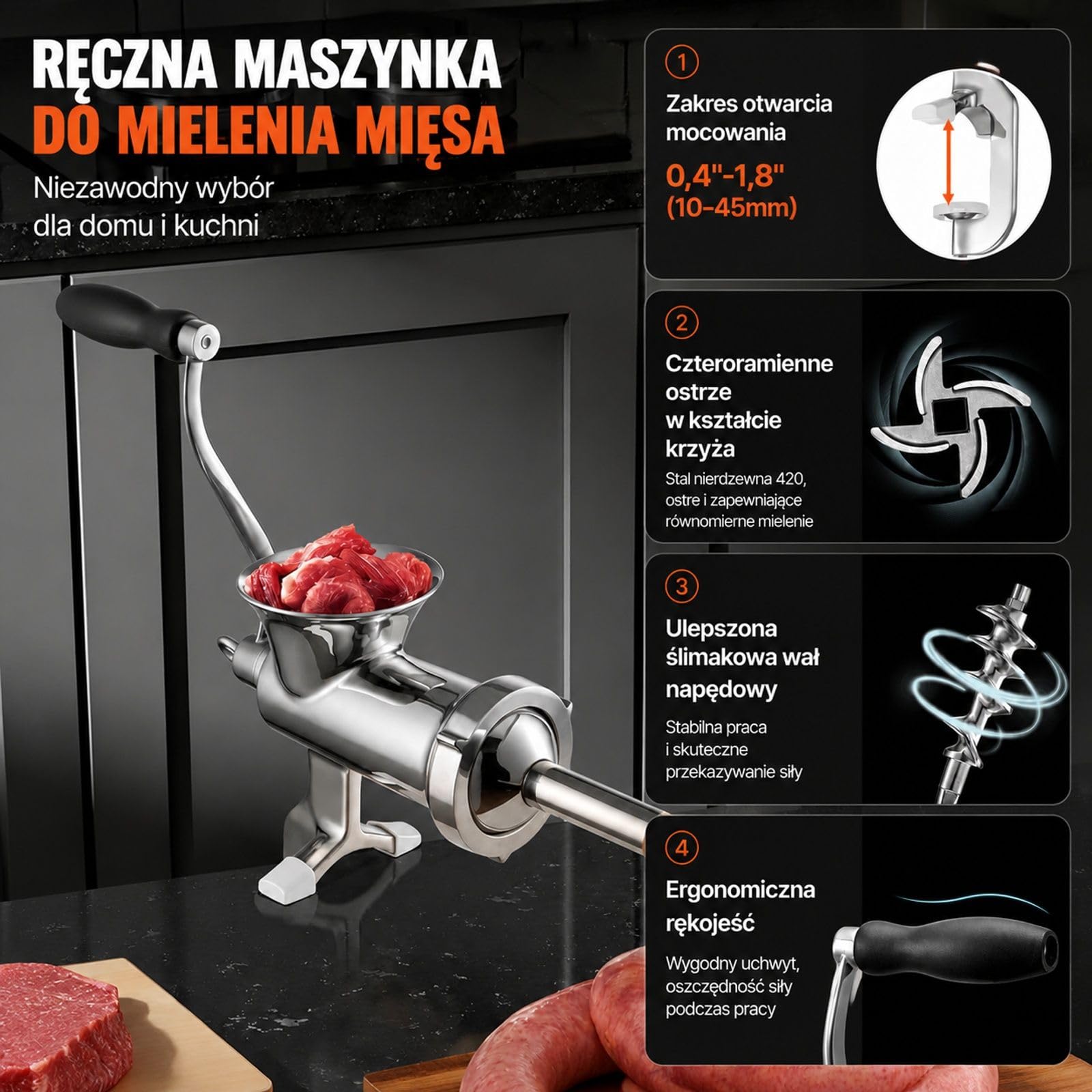 Ręczna maszynka do mielenia mięsa, srebrna stal nierdzewna, zacisk stołowy, rurka do kiełbas, do mięsa i warzyw