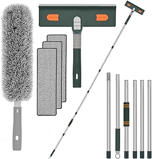 Flow fire 250 cm Fensterabzieher mit Teleskopstiel Kopf und Teleskopstange, Professioneller Teleskop Fensterwischer mit Silikonschaber und Mikrofaserschrubber, Geeignet für Innen und Außenfenster