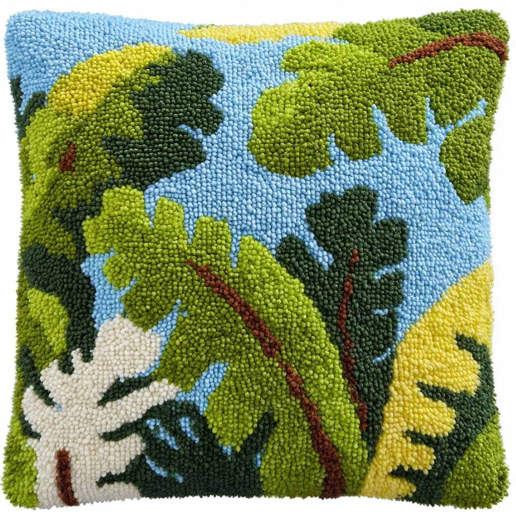 Wallustrioaw Latch Hook Kits Pillow For Adults,Banana Leaves,Pre-Printed Patterns Pillowcase Needlework Crochet Yarns Latch Hooking Cushion For Sofa Decor,17X17in