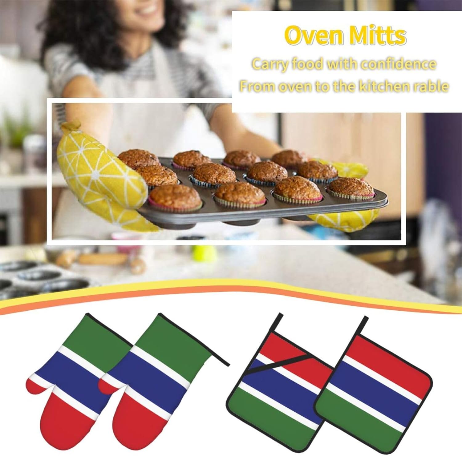 Flag of the Gambia Oven gloves and heat-resistant mat 4-piece set. Suitable for grilling, microwave oven frying, and baking
