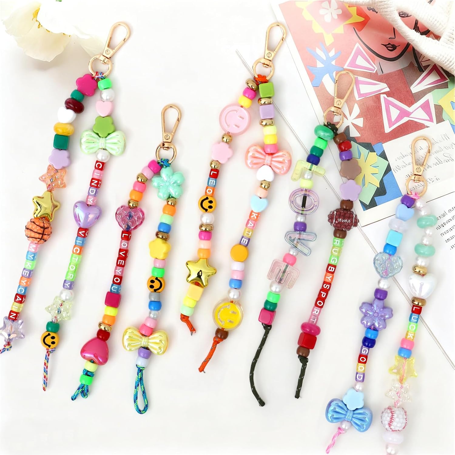 DEMIUKO DIY Bead Keychain Making Kit, 296PCS Beaded Bag Charm Making Kit with Colorful Beads Letter Alphabet Name Beads Flower Heart Jewelry Making Kit Bead Supplies Crafts Gifts