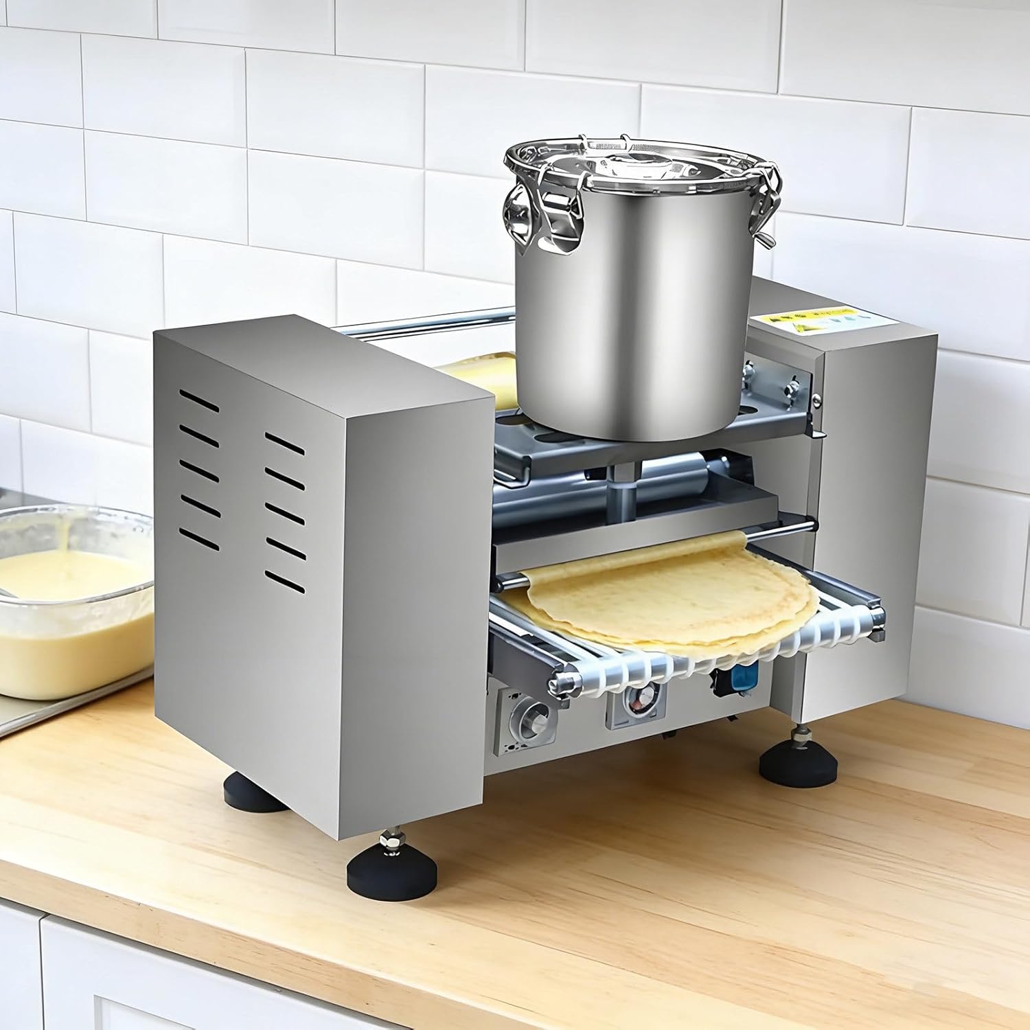 High-Speed Commercial Mille Crepe Cake Maker, Fully Automatic Egg Skin Crepe Machine, 200-300 Crepes/Hour for Pancakes & Egg Roll Wrappers 6in