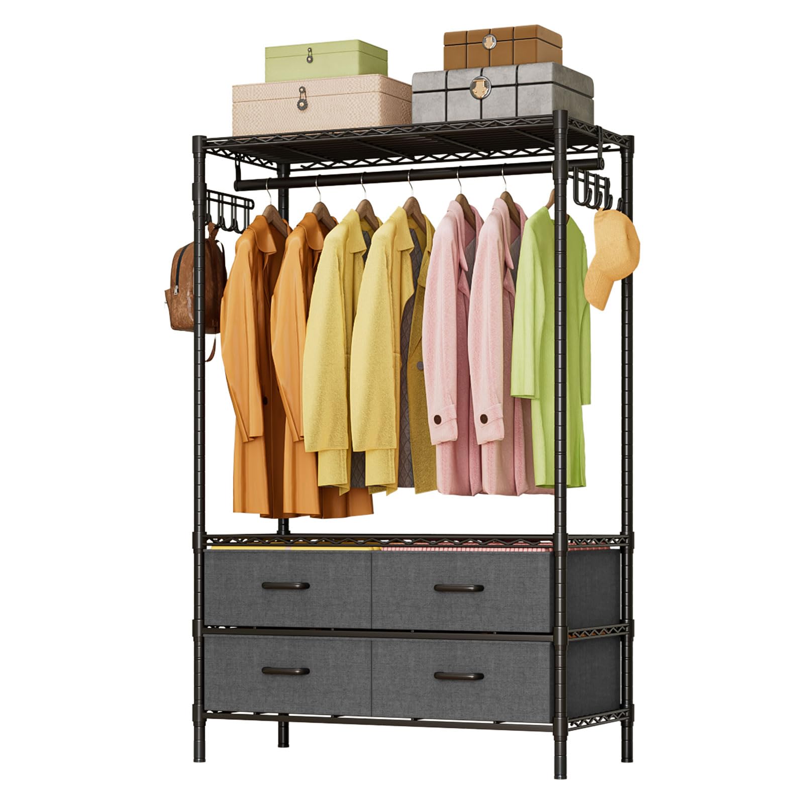 Portant à vêtements en métal，Penderie avec tringle et étagères ajustables, 4 tiroirs de rangement, solide et pratique pour chambre ou salon, porte-vêtements élégant, noir 90x40x180cm