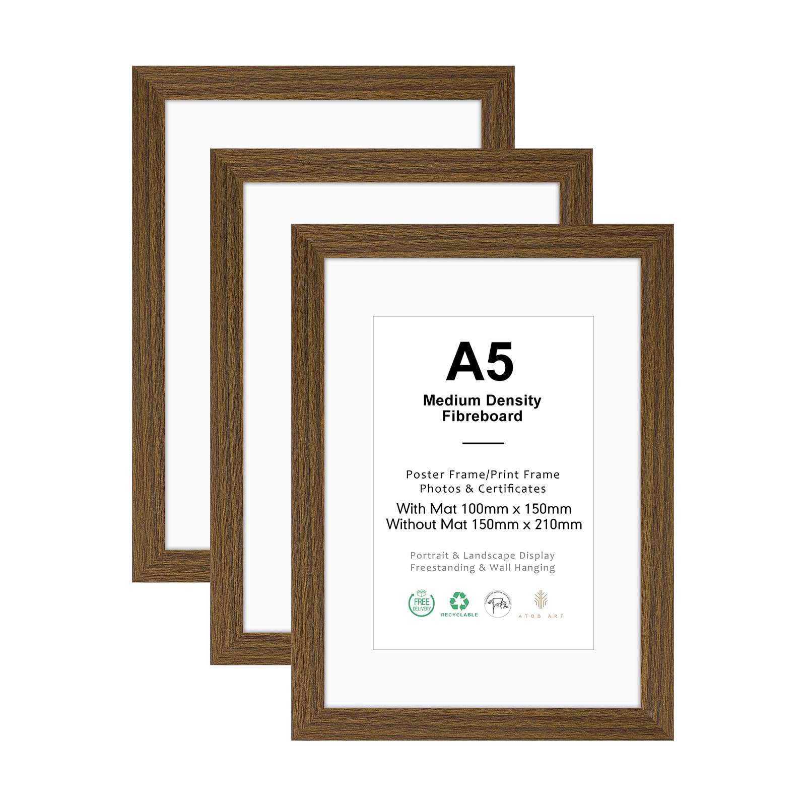 ATOBART Braun Bilderrahmen 10x15 cm, 3er Set | MDF Holz, Acrylglas, Tischdisplay & Aufhängen