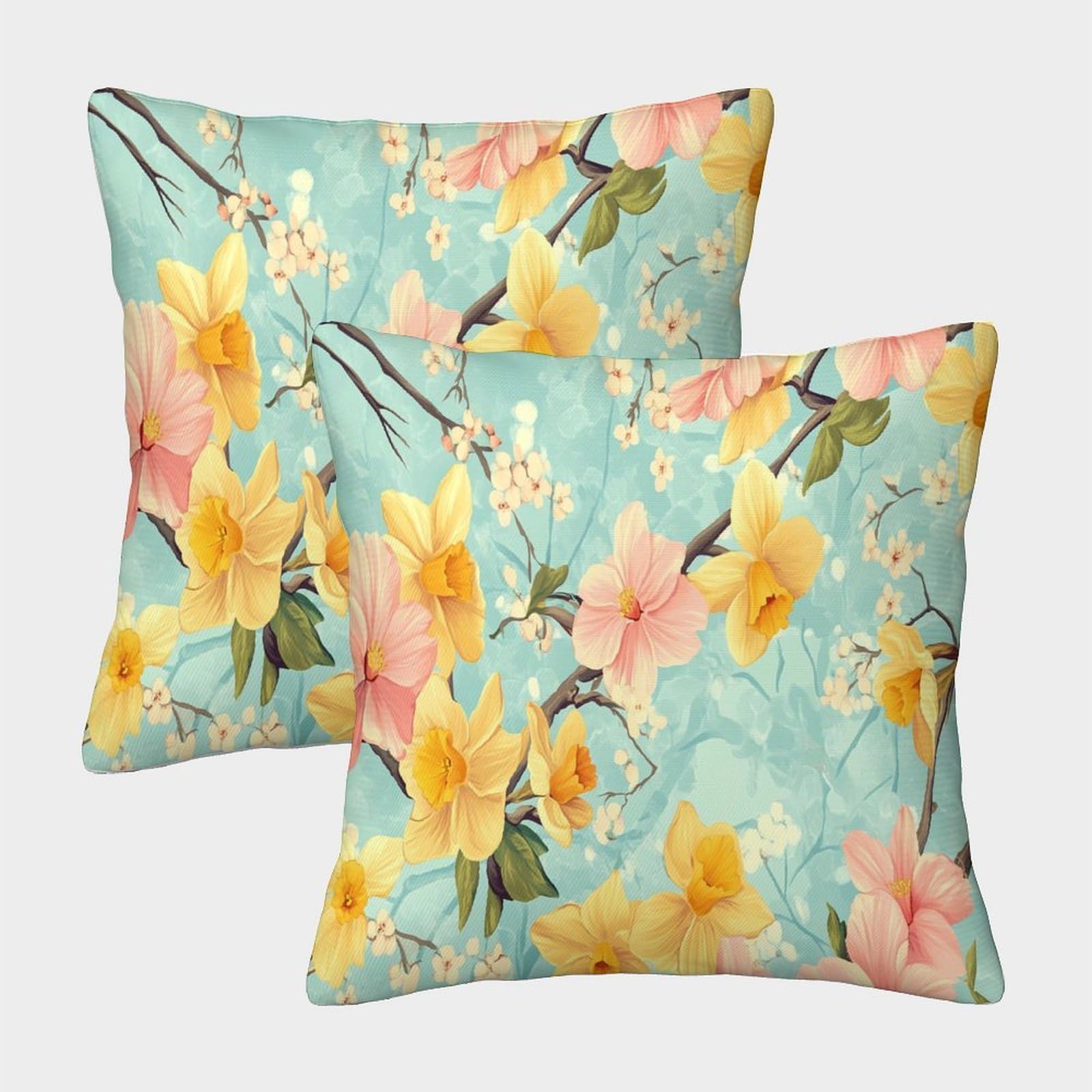 kaiyun 2 Pack Digital Printing 3D Cherry Blossoms And Daffodils,Spring Scene Theme Square Cushion Cover 40x40cm Suitable for Outdoor Home Bed Decoration Pattern