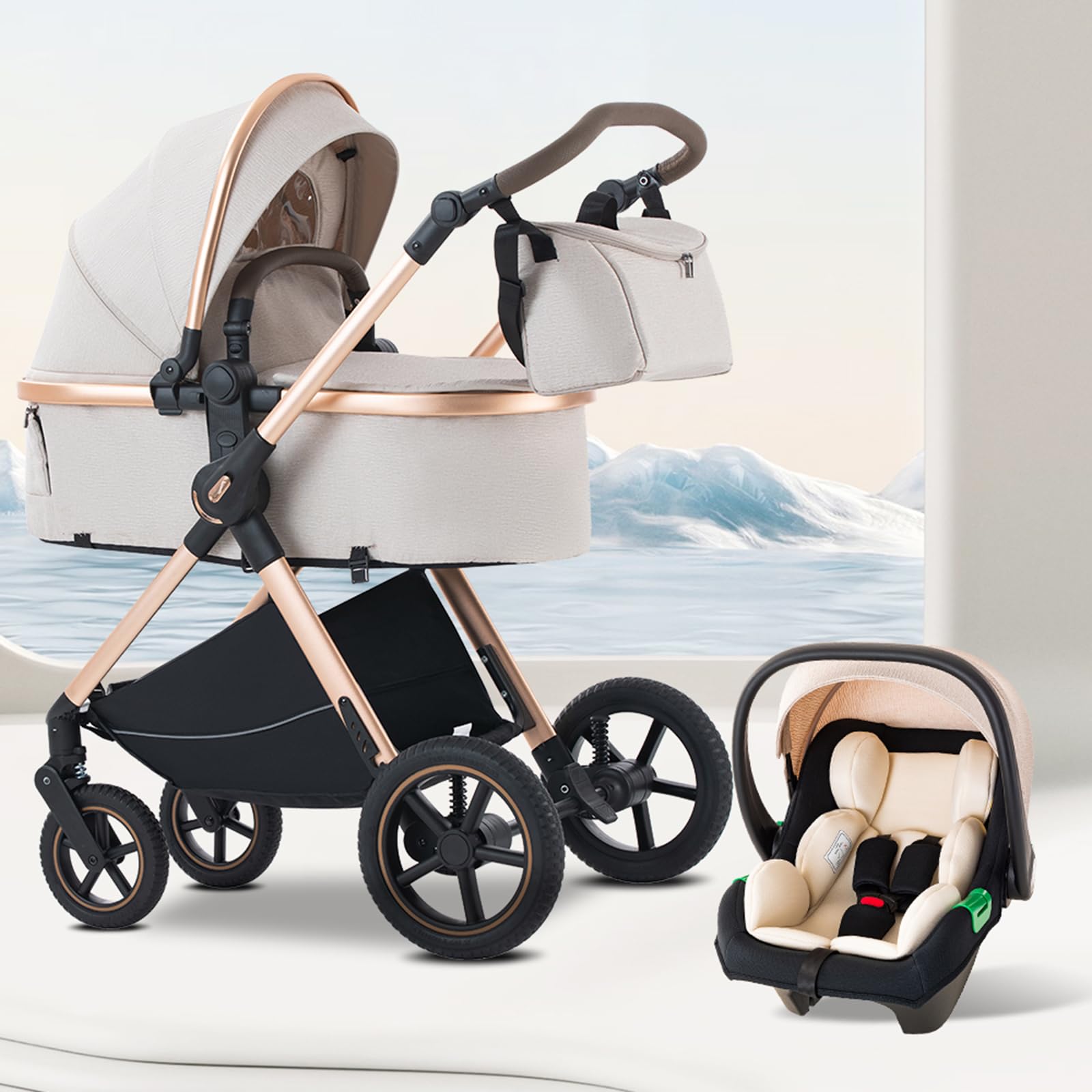 BEBBY Poussette 3 en 1 Poussettes Combinée Portable Pliant en Un,Poussettes Citadines Avec Siège,Paysage Haut Cadre en Aluminium Pour Nouveau-né (D2-RICEWHITE, H2-D)