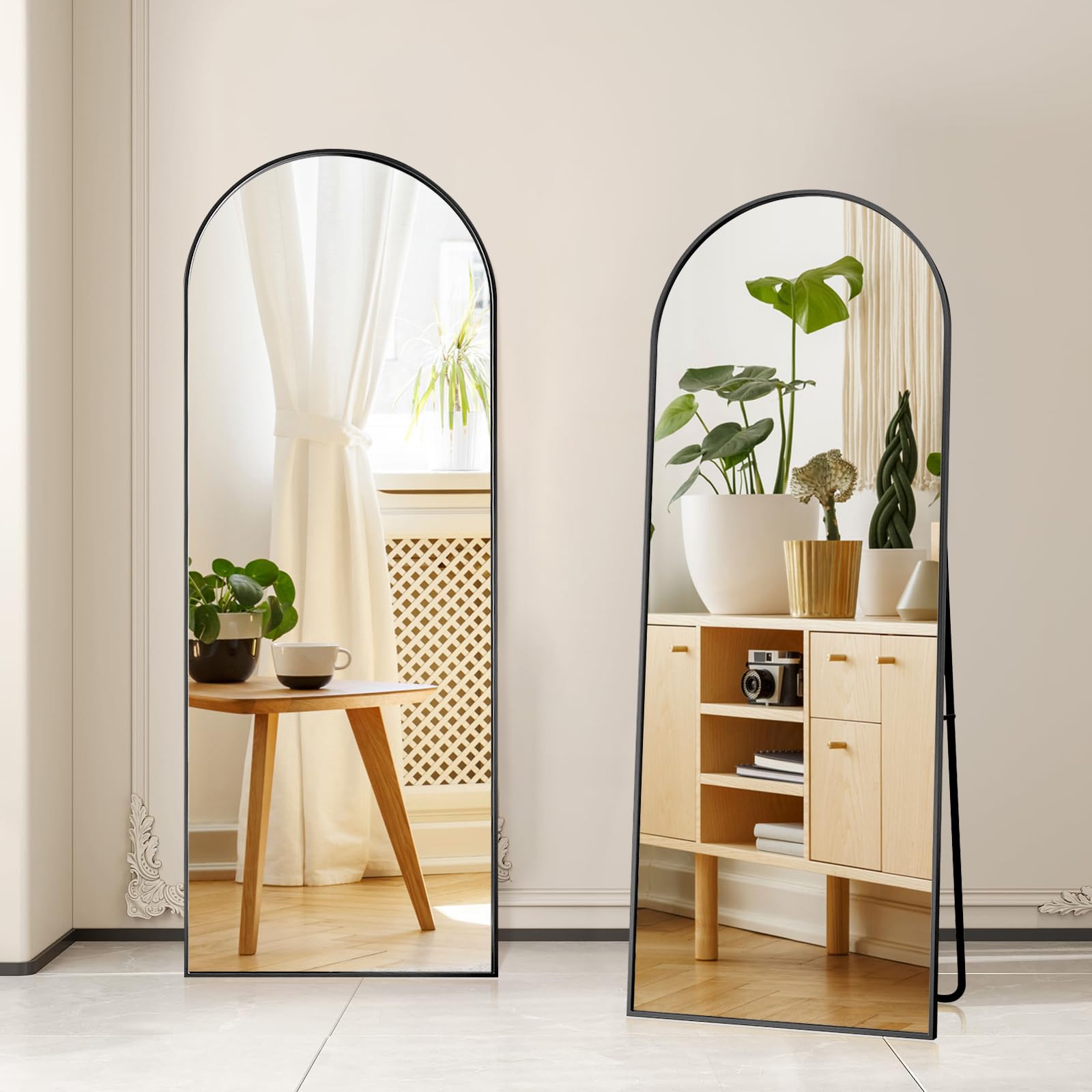 Standspiegel mit Aluminiumrahmen, 162 x 53 cm dekorative Wandspiegel mit gewölbtem Top, Boden großer Spiegel Standspiegel, groß Ganzkörperspiegel, Spiegel für das Badezimmer mit Ständer, Schwarz