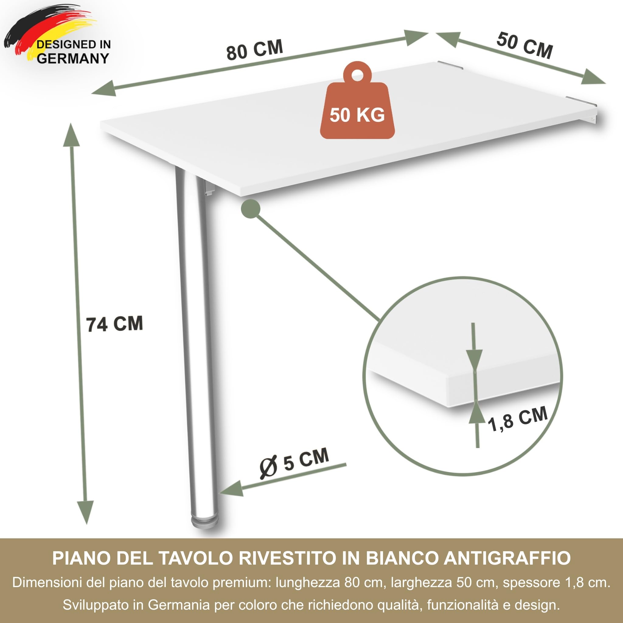 Tavolo pieghevole a parete Piano del tavolo 80x50 cm in bianco Tavolo pieghevole Tavolo da pranzo Tavolo da cucina a parete Altezza tavolo 74 cm Gamba del tavolo pieghevole