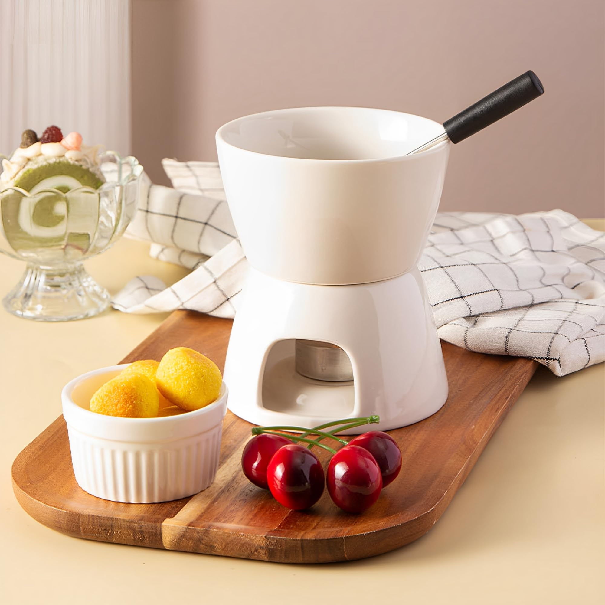 Set de Fondue de Queso y Chocolate, Set Completo de Fondue de Queso con Vela y 4 Tenedores, Mini Fondue Pot Taza de Fondue de Chocolate de Porcelana, para Casa,Blanco