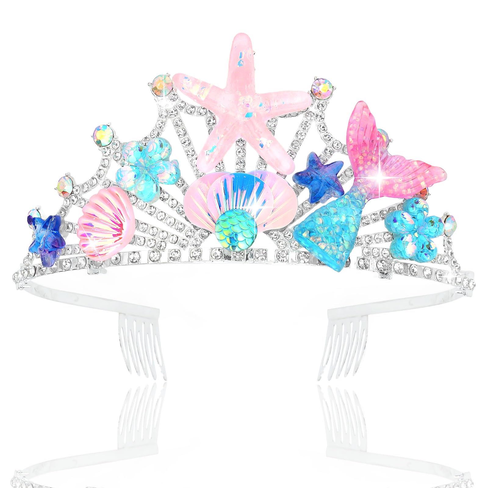 Photo 1 of  2 YARIEW Mermaid Crown Mermaid Birthday Decorations Fish Scales Seashell Hair Accessories for Women Mermaid Headband Tiara Mermaid Birthday Party Pink