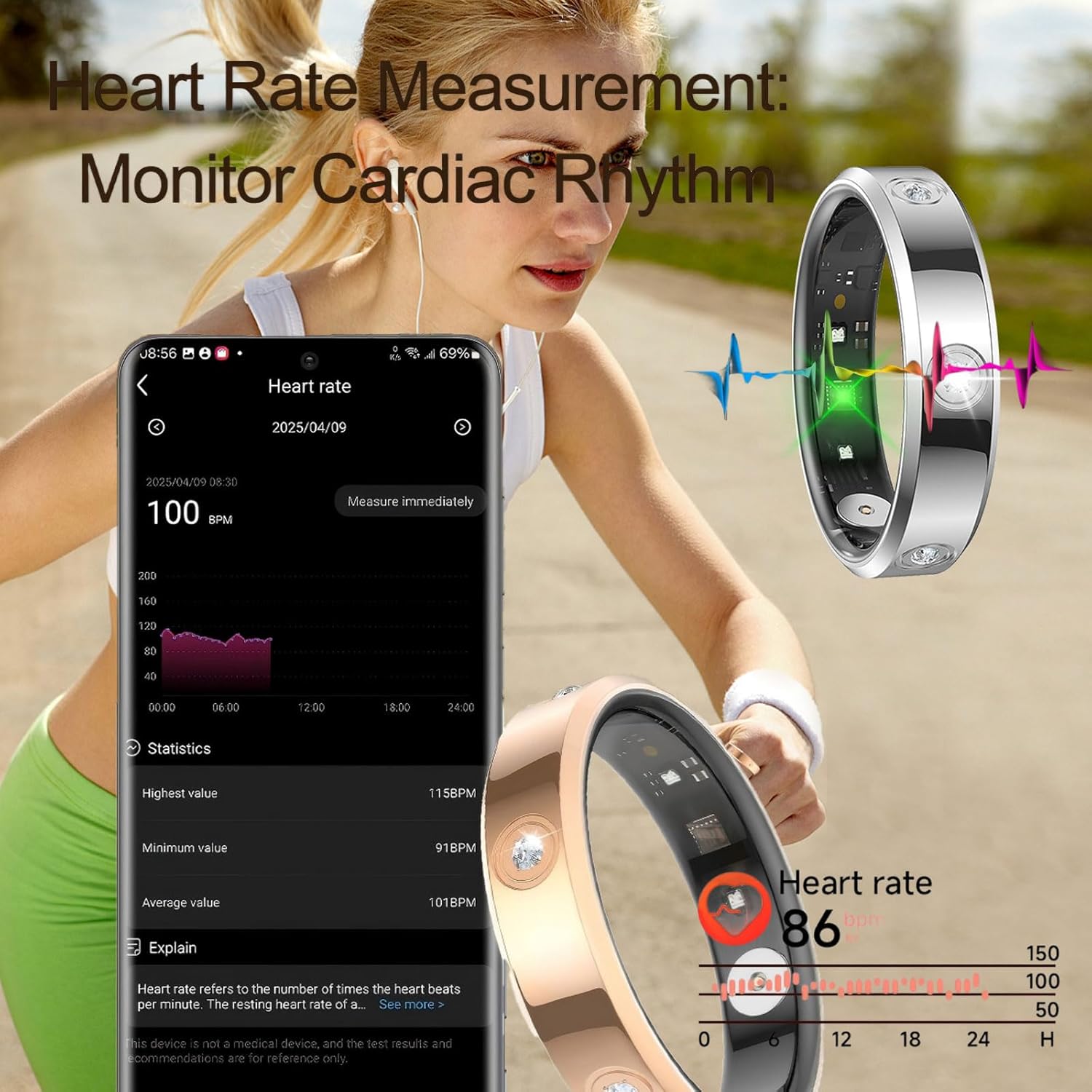 Ladies Smart Ring for Women Health Ring Heart Rate Monitor Sleep Tracker Fitness Tracker Calories Step Counter Pedometer Gesture Control Waterproof Compatible with iOS Android Phones Elegant Ring