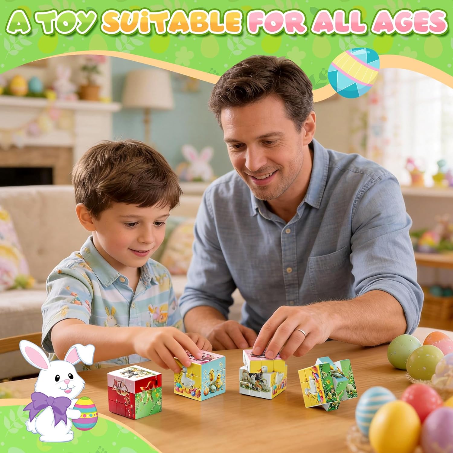 Speed Cube 3x3 Easter Basket Stuffers - Stickerless Turning Speedly Quick Magic Cubes 1.4" Puzzle Game Brain Toy, Egg Fillers Party Favors for Kids Girls Boys (4 Pcs, 2.2")