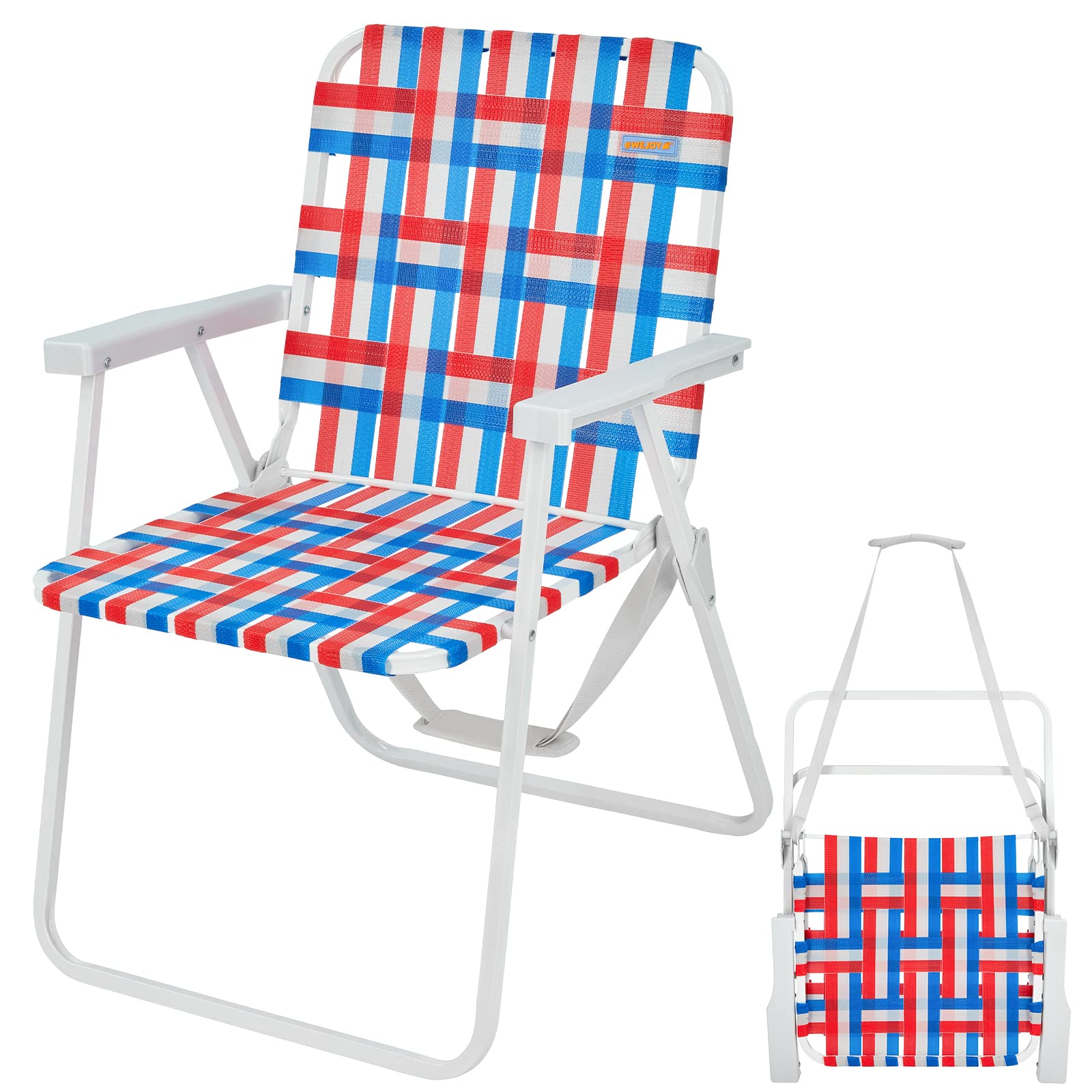 Photo 1 of #WEJOY Lightweight Webbing Beach Chair Folding Webbed Beach Chairs with Backpack Strap for Adult Web Lawn Chair Portable High Back Camping Chairs Outdoor Folding Chairs for Sand, Concert, Garden Blue/Grey/Red