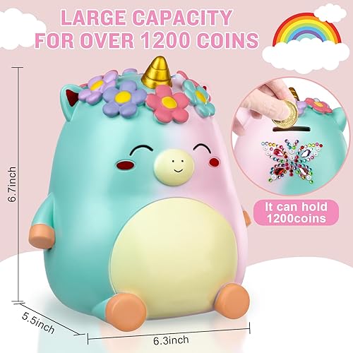 Miniatura 3 de VeewyRee Hucha infantil para niñas, bonita alcancía de unicornio arcoíris para niñas, hecha de resina irrompible personalizada para niños con