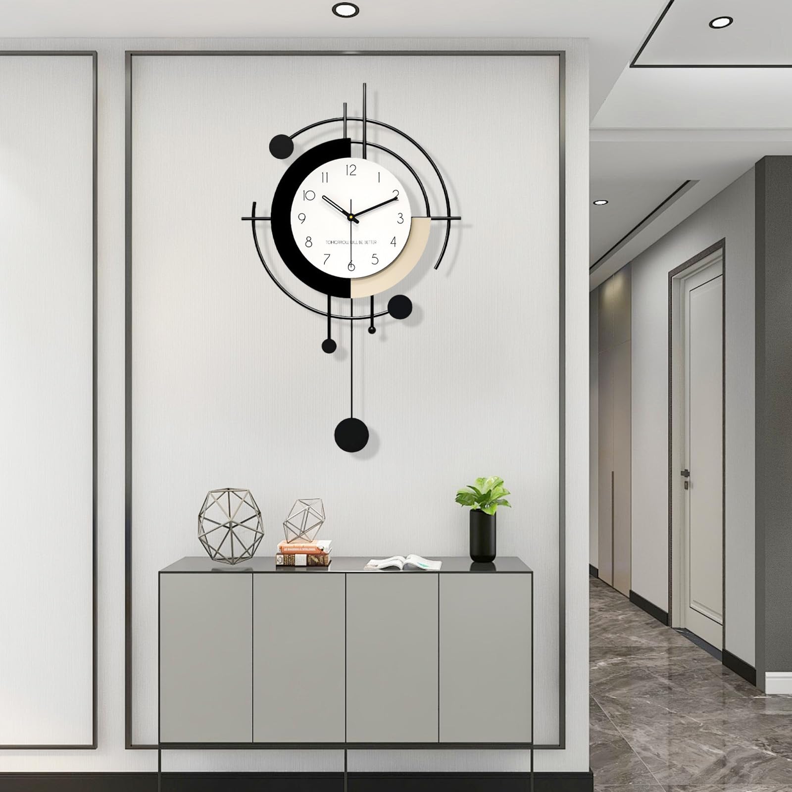 Wanduhr Modern Kreativ Große Wanduhr ohne Tickgeräusche Metall + Holz Dekorative Wanduhren Minimalistisch Art Deco Batteriebetrieben Pendeluhr für Wohnzimmer Schlafzimmer Büro Küche (Large)