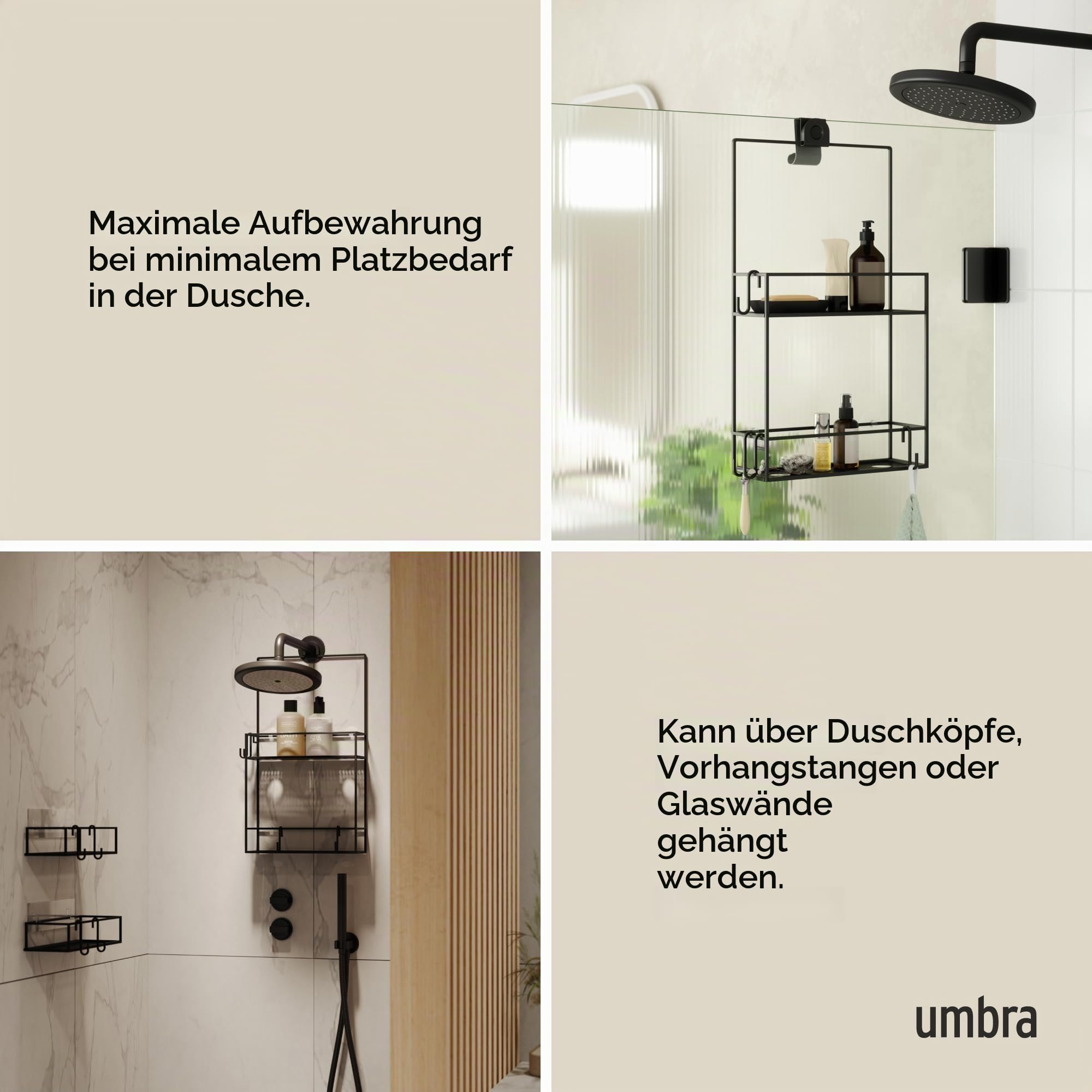 Umbra Cubiko Duschablage, Schwarz | Über dem Duschkopf oder Tür, integrierte Ablauflöcher, S-Haken für Rasierer und Schwamm, 2 Ablagefächer